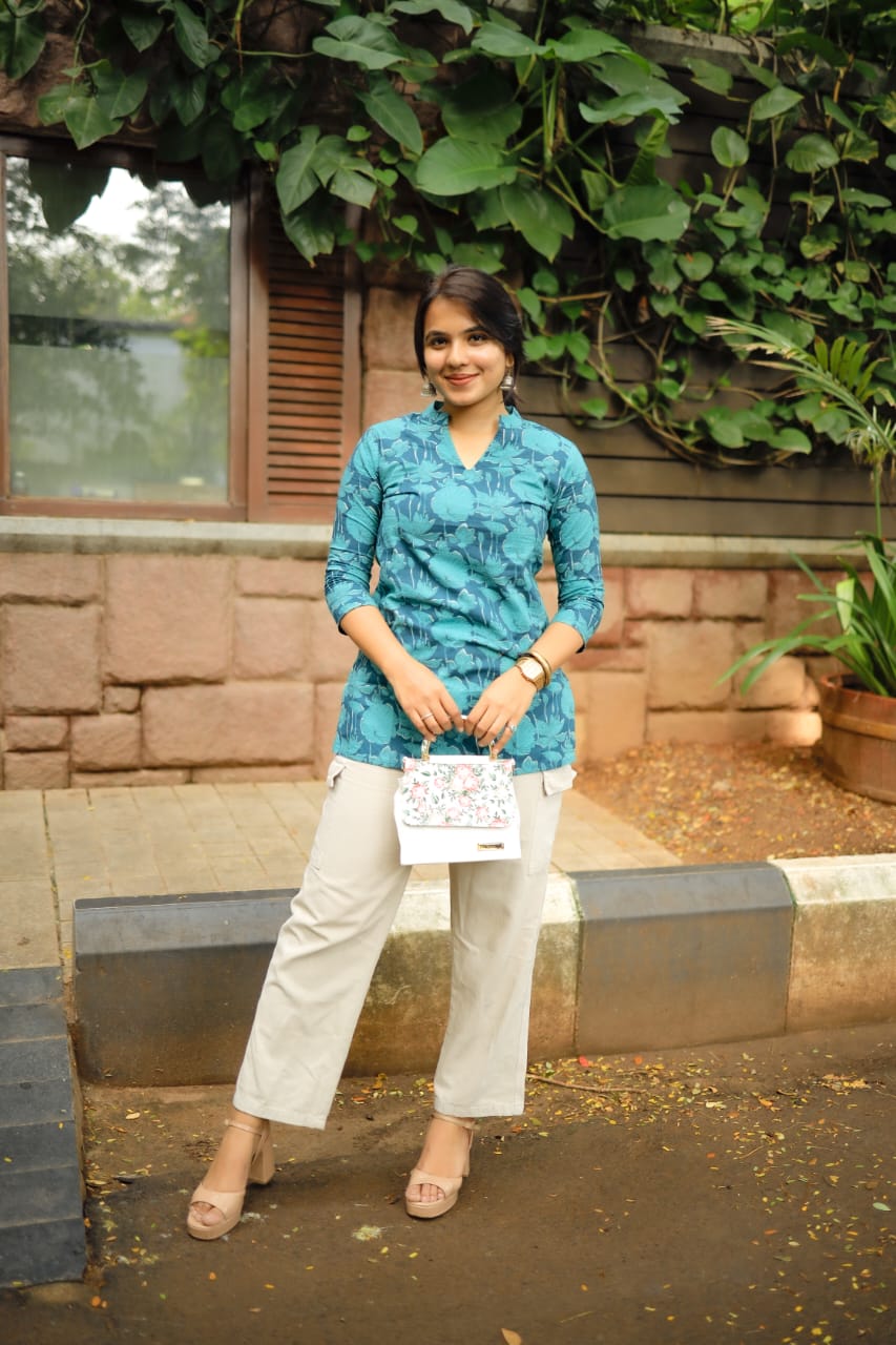 Short kurti -10 - Organic cotton short kurti in teal green