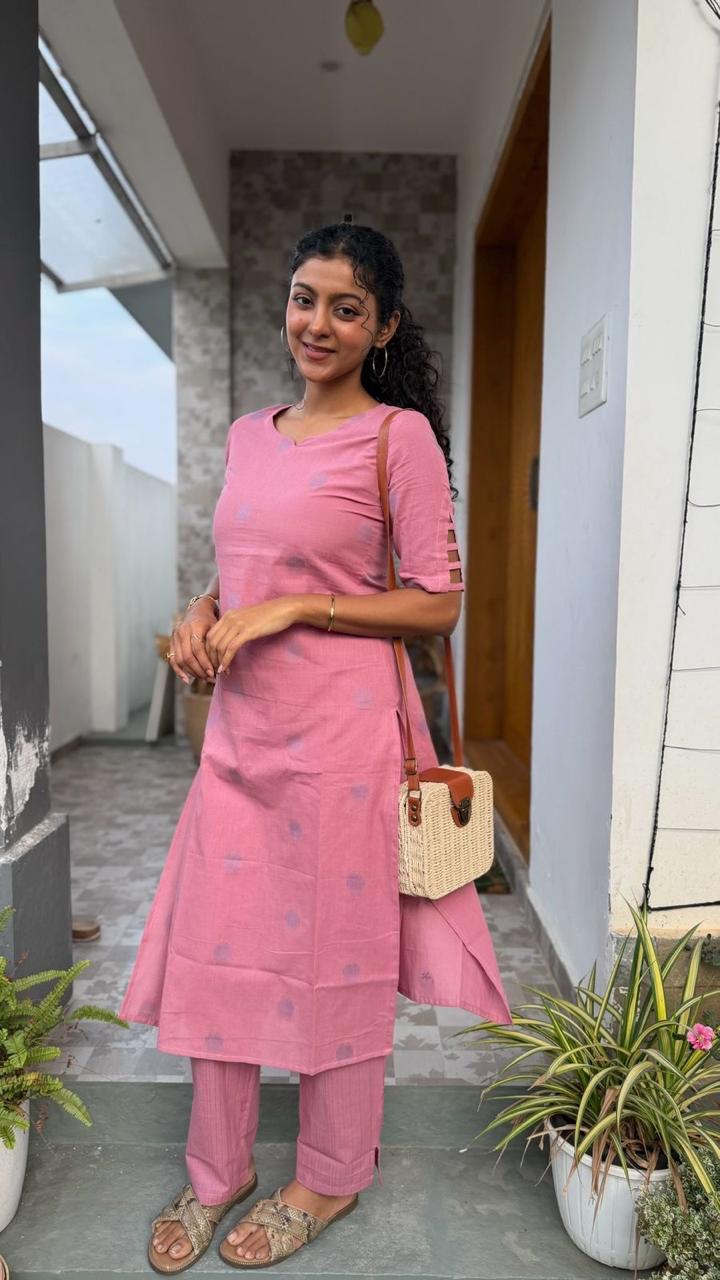 Rosy (Pink) - Handloom Cotton Kurta coord set in Dusty Pink