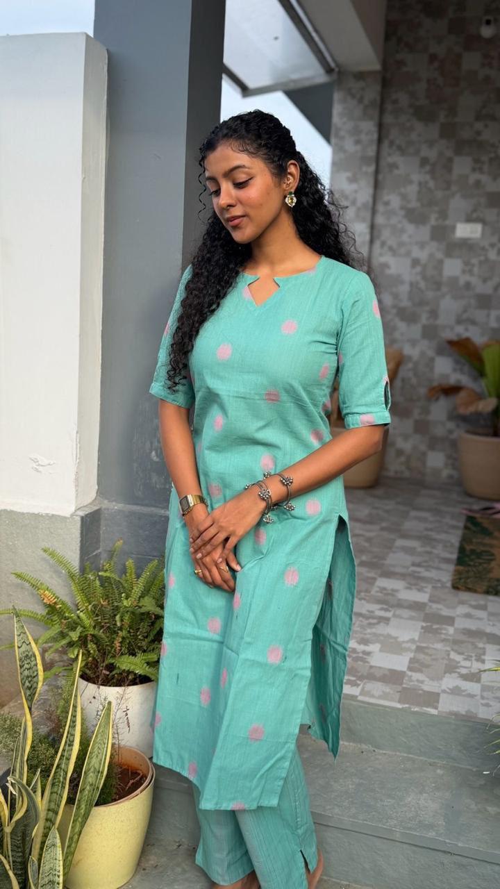 Seafoam (Green) - Handloom Cotton kurta coord set in Aqua Green