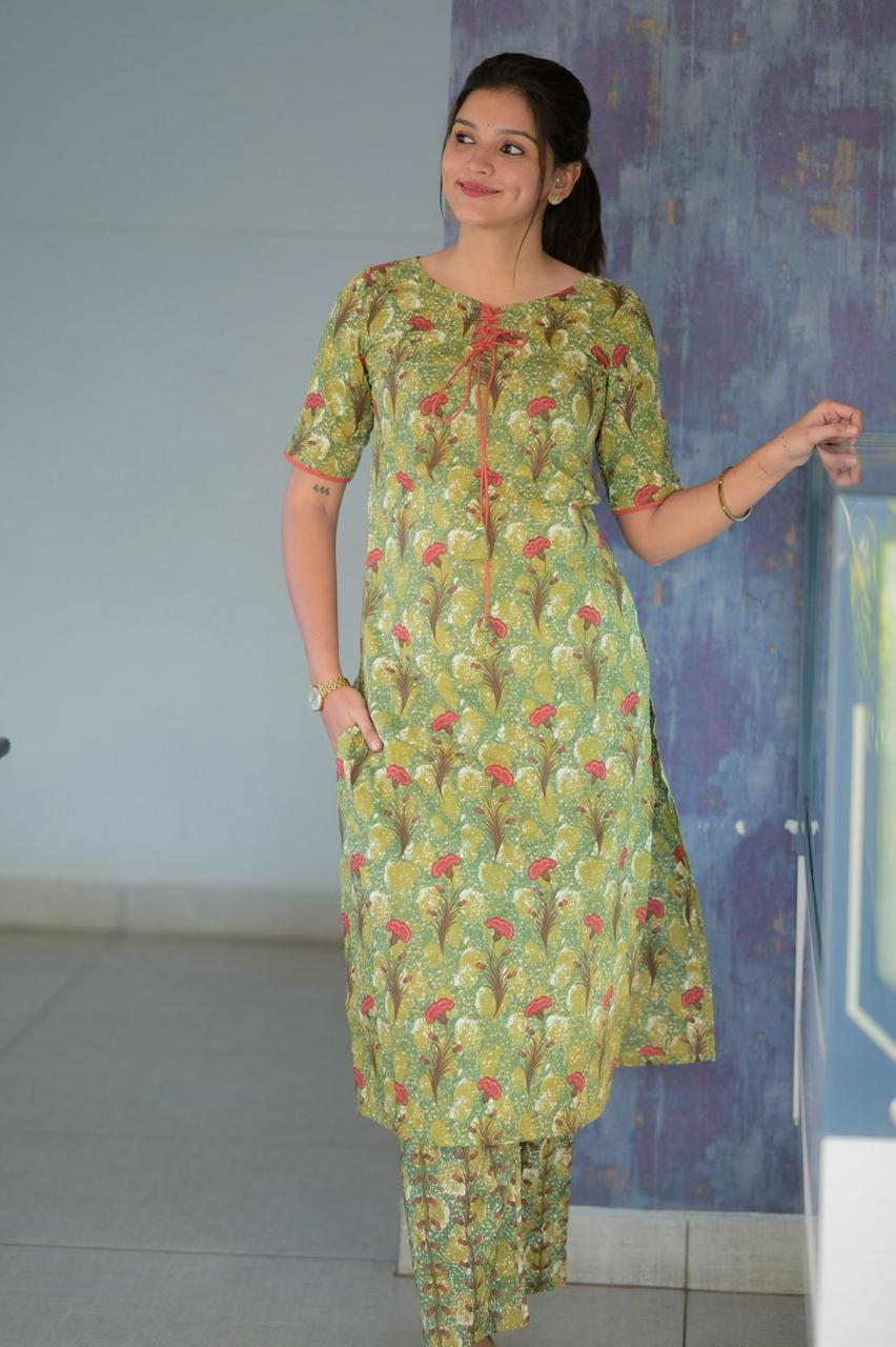 Puvi (Olive green) - Handloom Cotton Kurta set in Olive green and Red flower prints