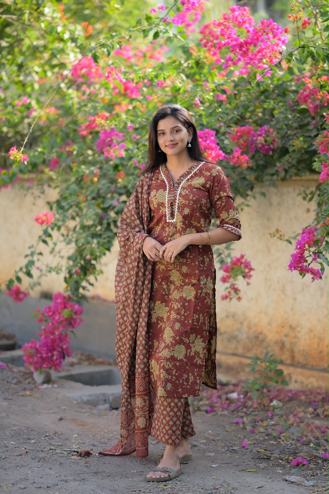 Madhavi (Maroon) – Floral Handloom Cotton Kurta Set with Dupatta in Rustic Maroon