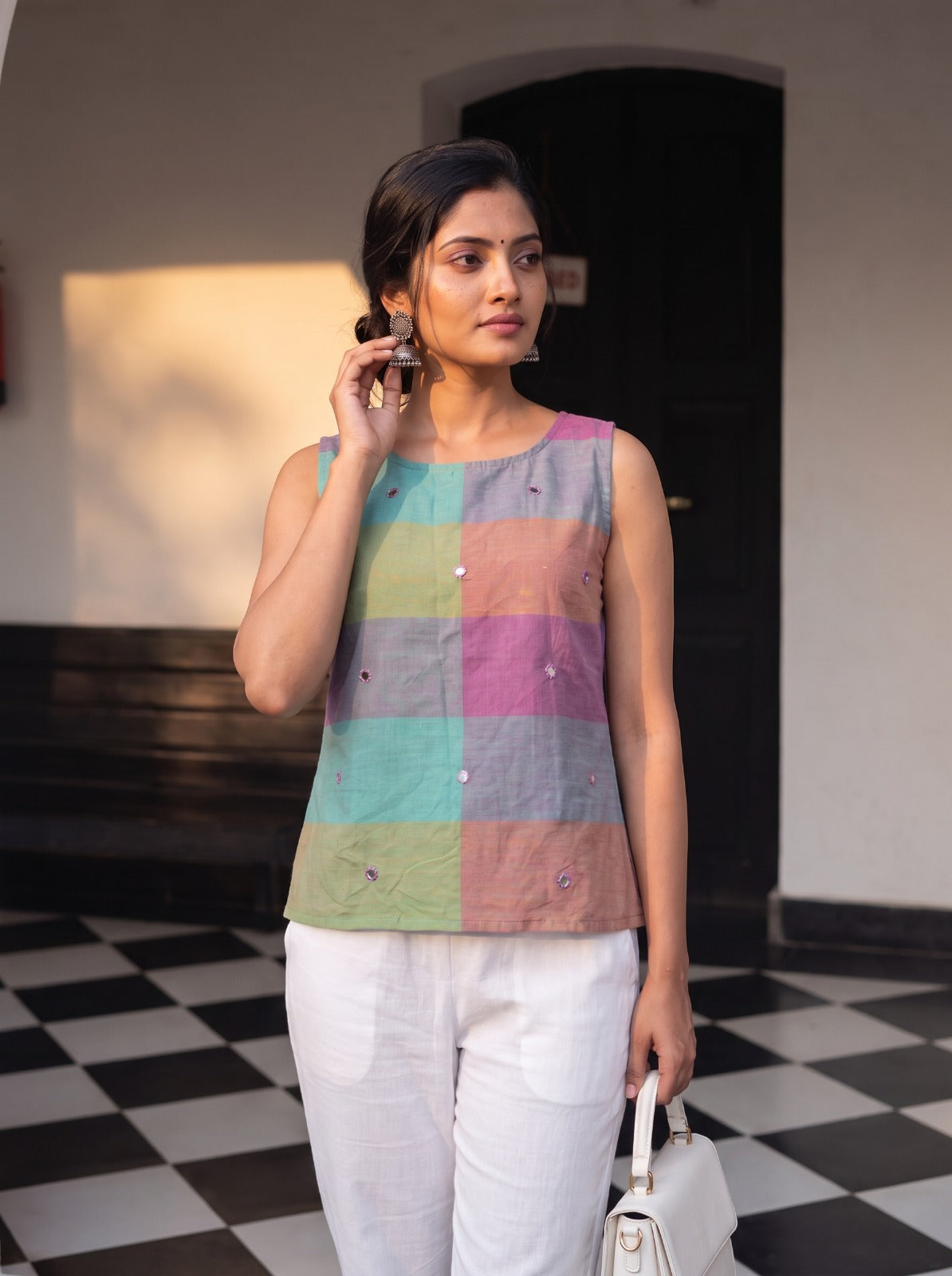 Crop Top #124 – Handloom Organic Cotton Top in Multicolor Pastel Checks
