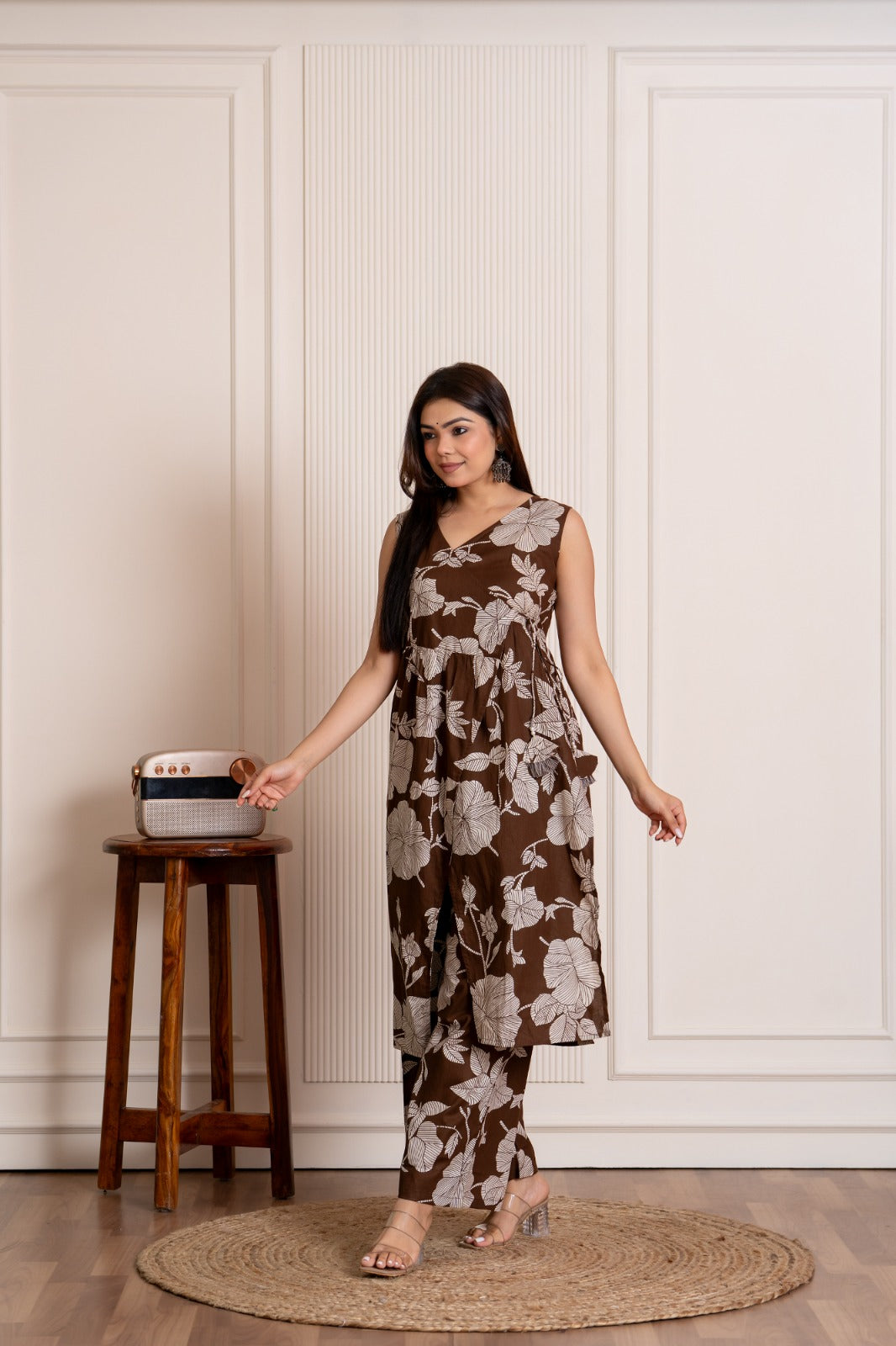 Maya Co-ord Set – Floral Print Handloom Cotton Co-ord Set in Chocolate Brown