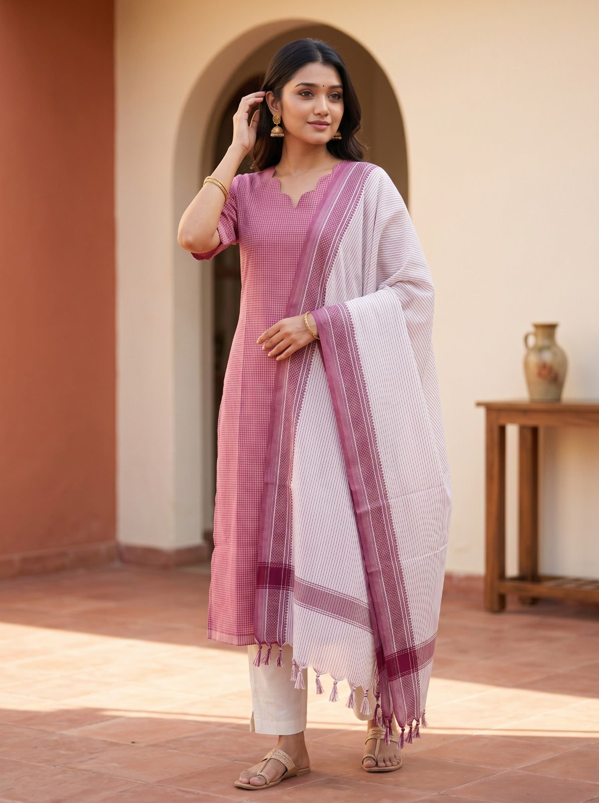 Ilaveni (Rose Pink) – Subtle Checks Handloom Cotton Kurta Set with Dupatta in Rose Pink