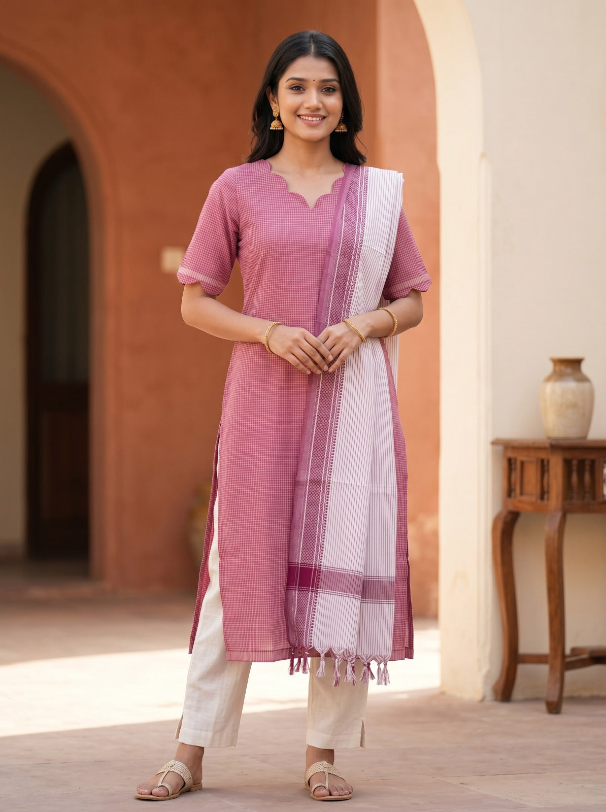 Ilaveni (Rose Pink) – Subtle Checks Handloom Cotton Kurta Set with Dupatta in Rose Pink
