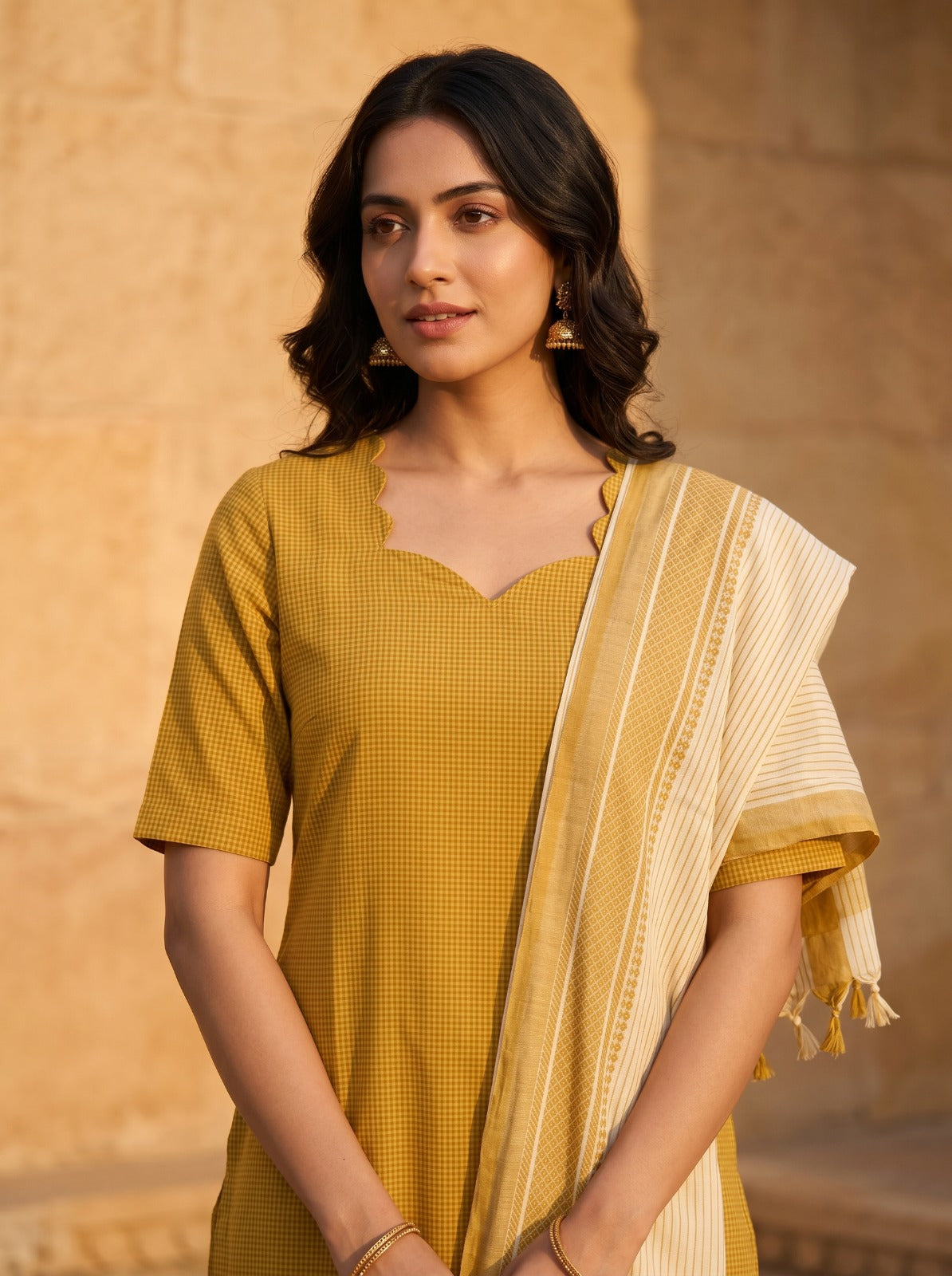Ilaveni (Mustard Yellow) – Subtle Checks Handloom Cotton Kurta Set with Dupatta in Mustard Yellow