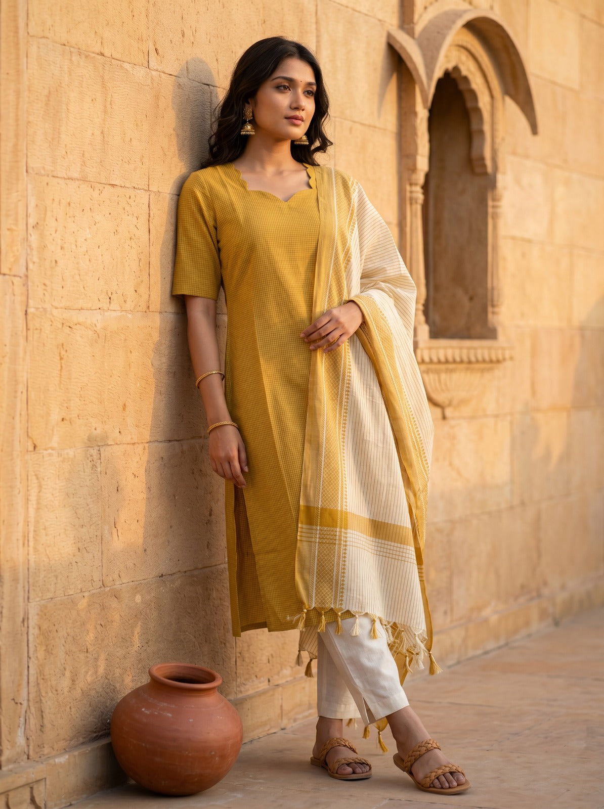 Ilaveni (Mustard Yellow) – Subtle Checks Handloom Cotton Kurta Set with Dupatta in Mustard Yellow