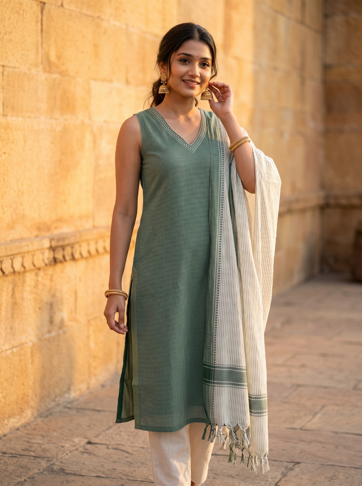 Ilaveni (Mint Green) – Subtle Checks Handloom Cotton Kurta Set with Dupatta in Mint Green