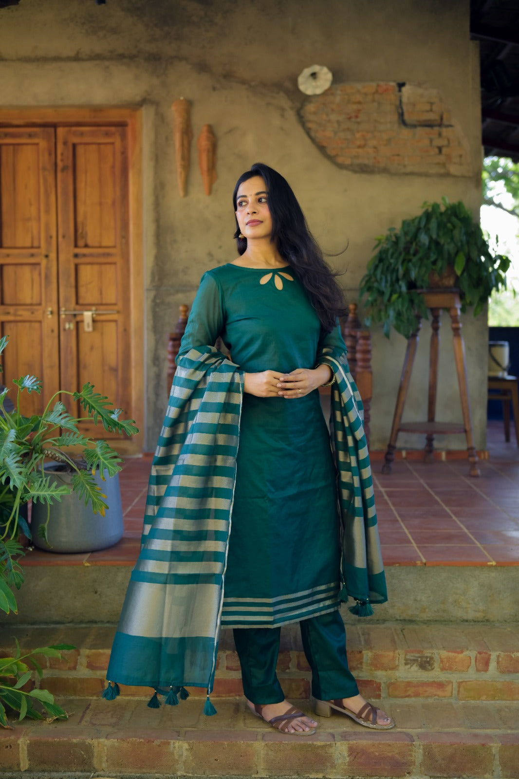 Snehal (Green) – Pure Chanderi Silk Suit Set with Tussar Banaras Silk Dupatta
