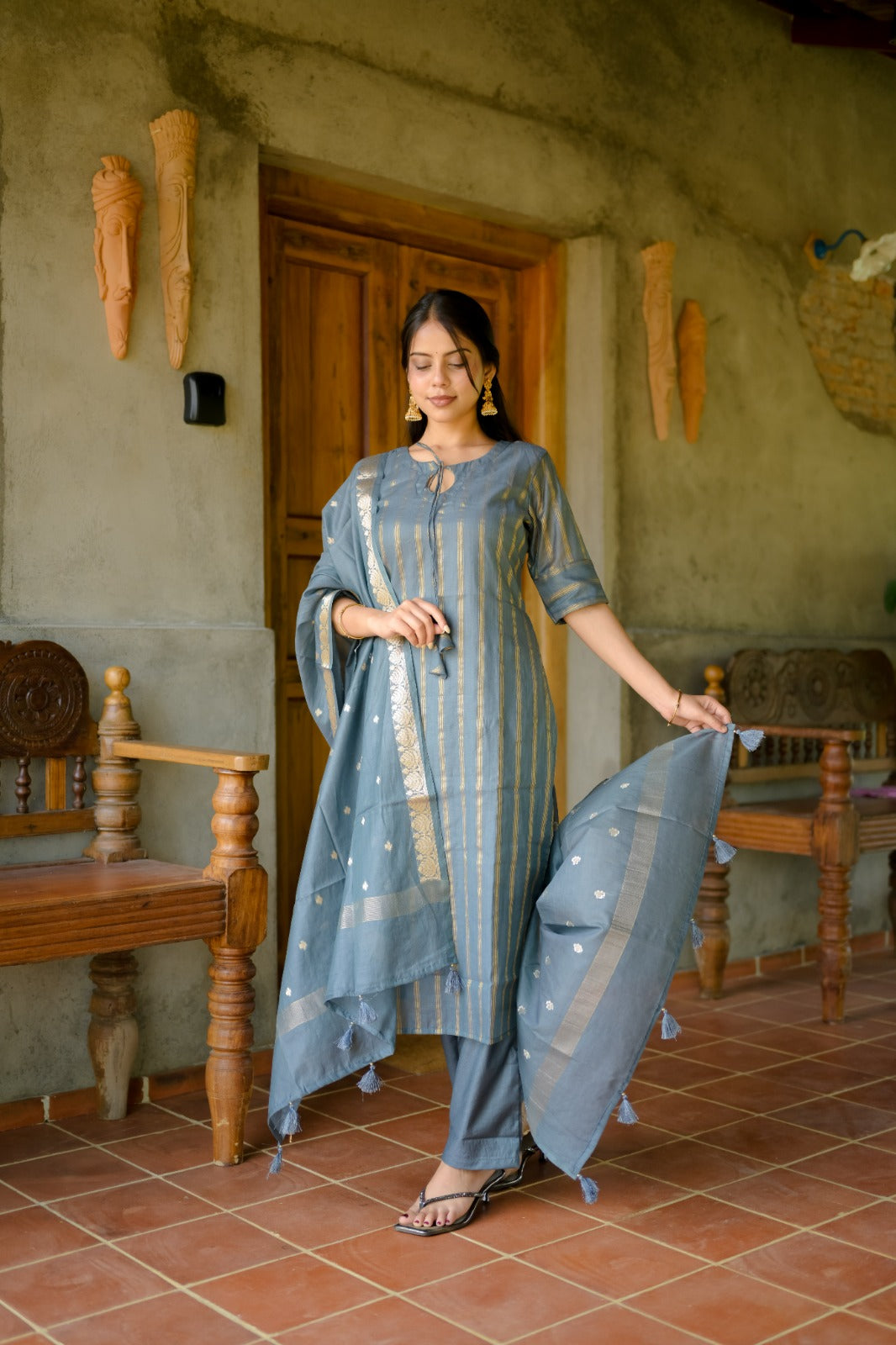 Snehal (Grey) – Pure Chanderi Silk Suit Set with Tussar Banaras Silk Dupatta
