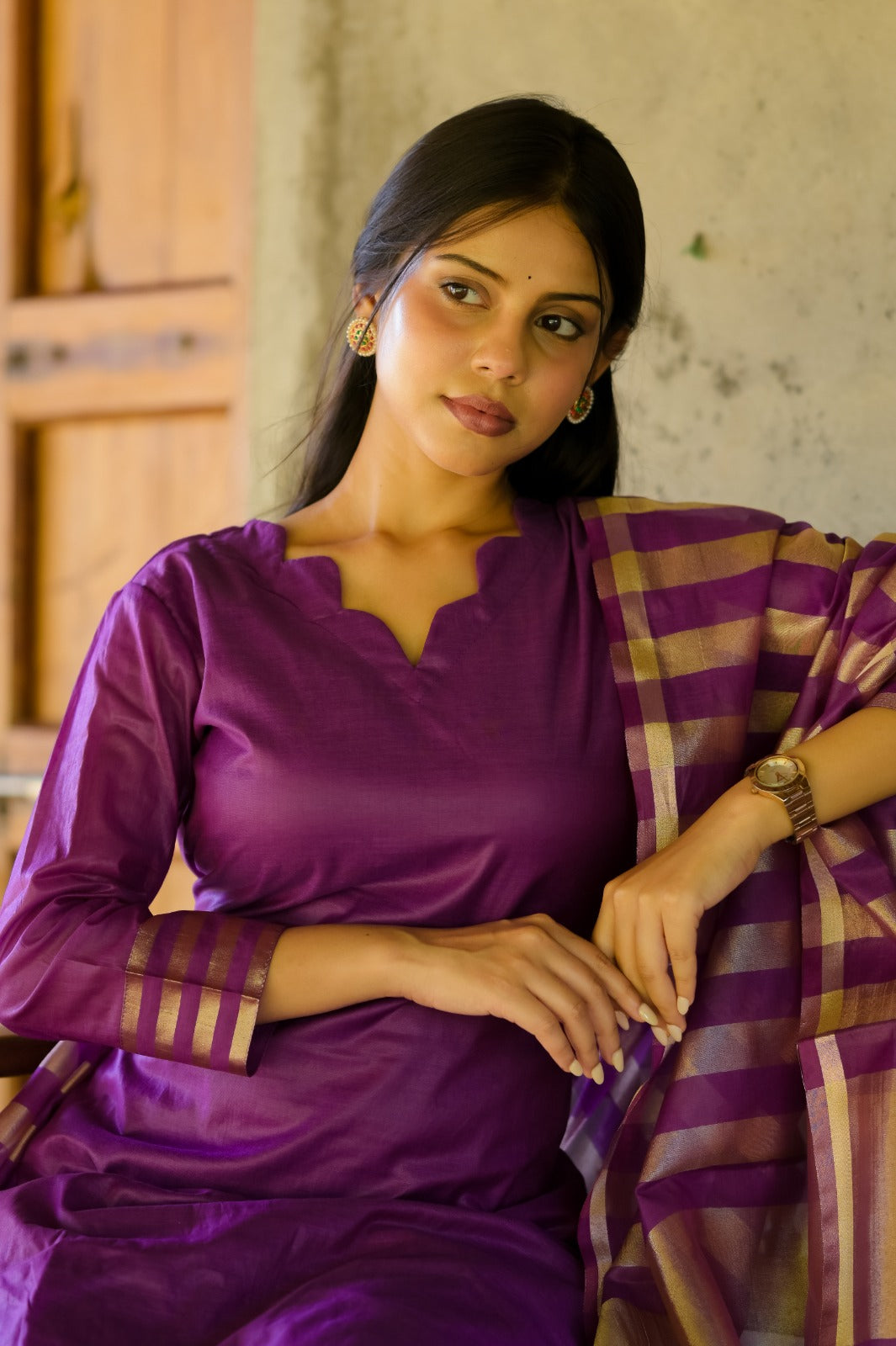 Snehal (Magenta) – Pure Chanderi Silk Suit Set with Tussar Banaras Silk Dupatta