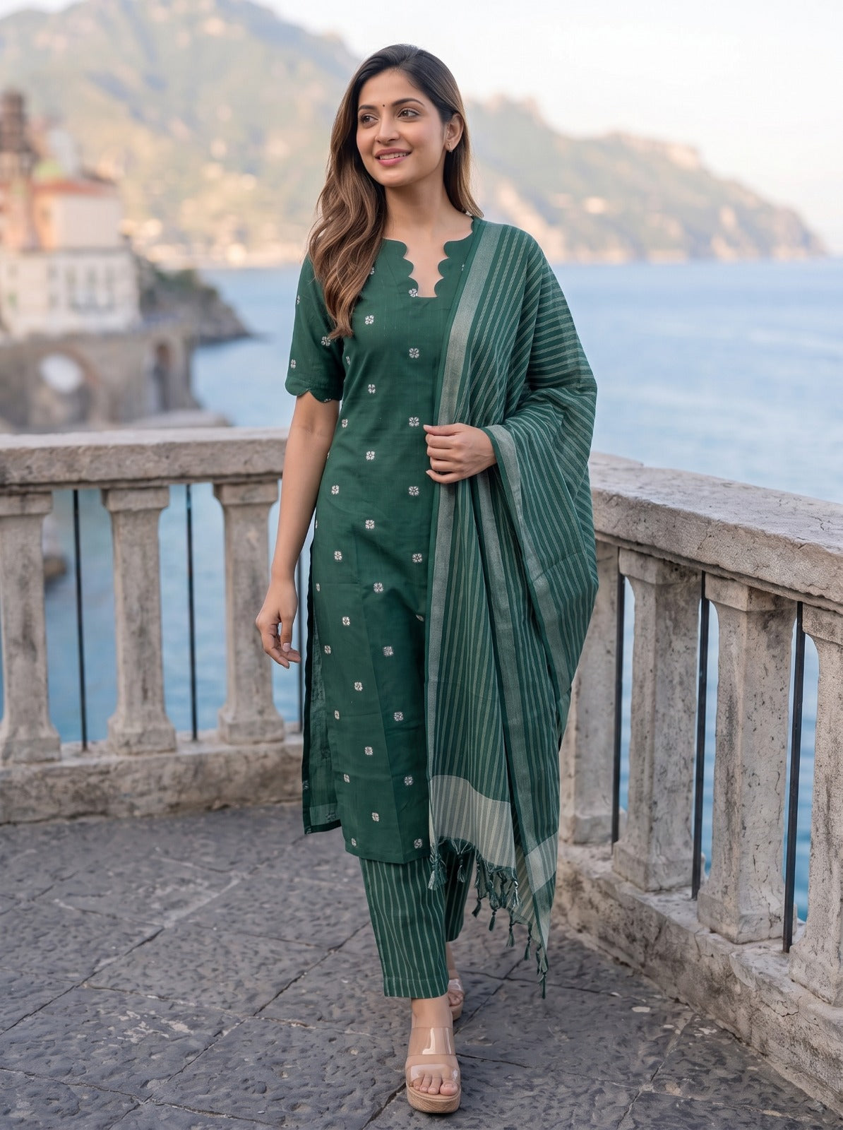 Kaveena (Emerald Green) – Silver Butta Handloom Cotton Kurta Set with Dupatta in Emerald Green