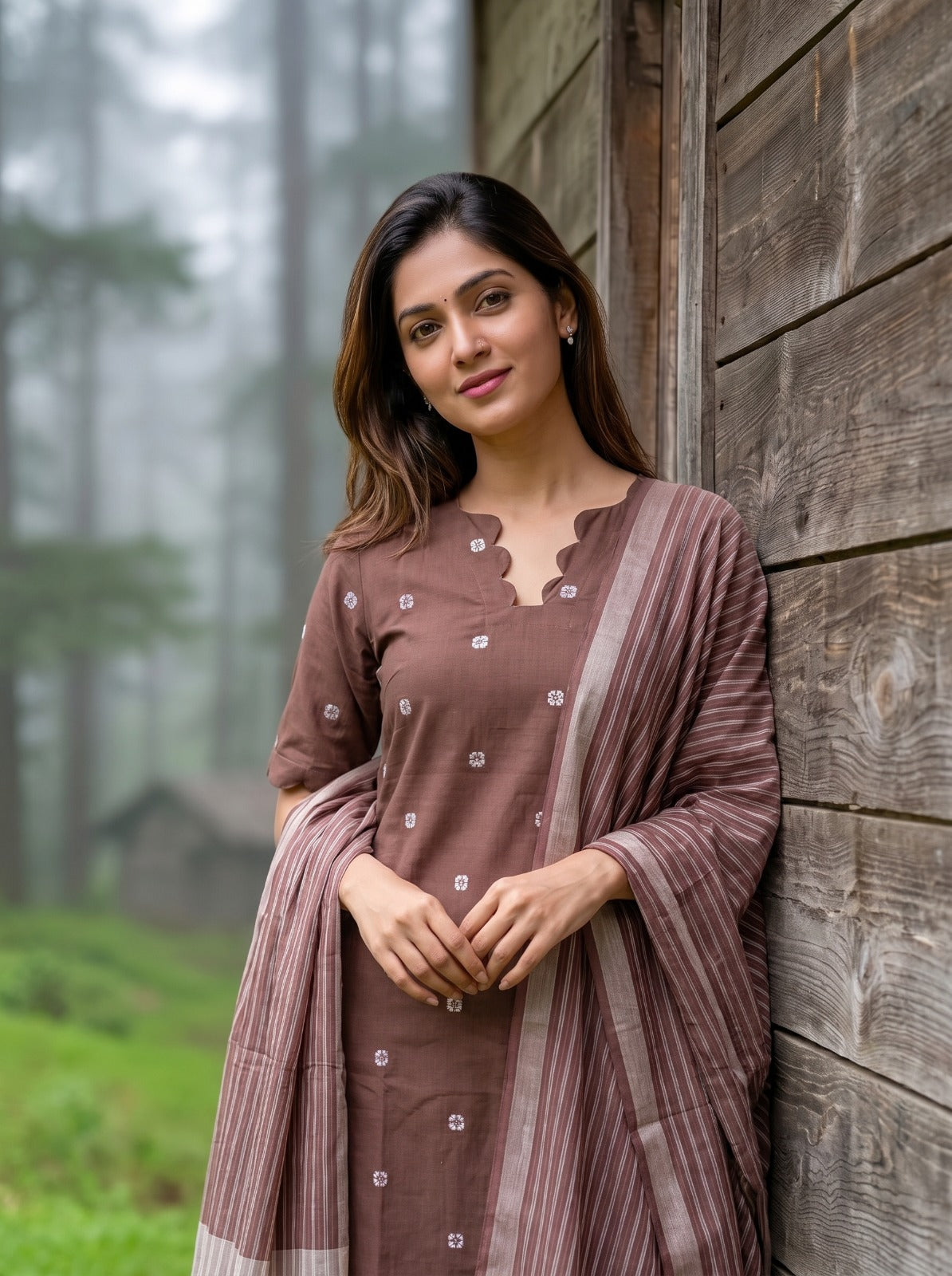 Kaveena (Cocoa Brown) – Silver Butta Handloom Cotton Kurta Set with Dupatta in Cocoa Brown