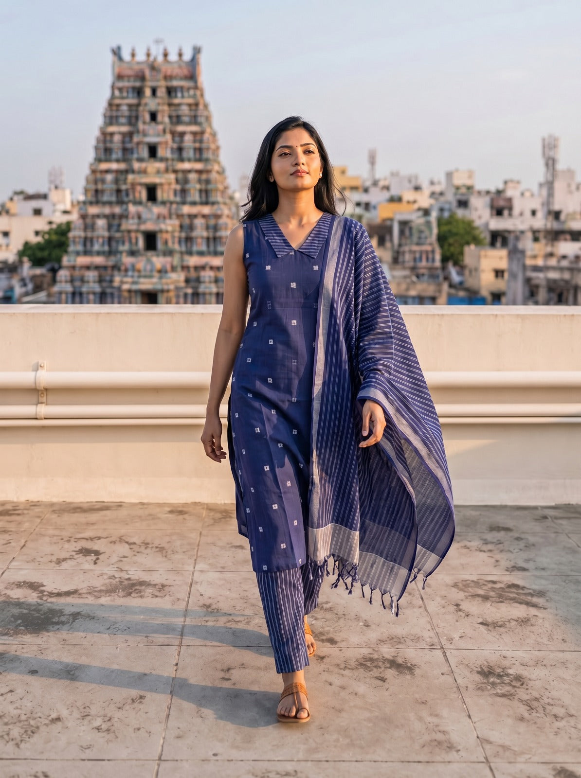Kaveena (Violet) – Silver Butta Handloom Cotton Kurta Set with Dupatta in Royal Violet