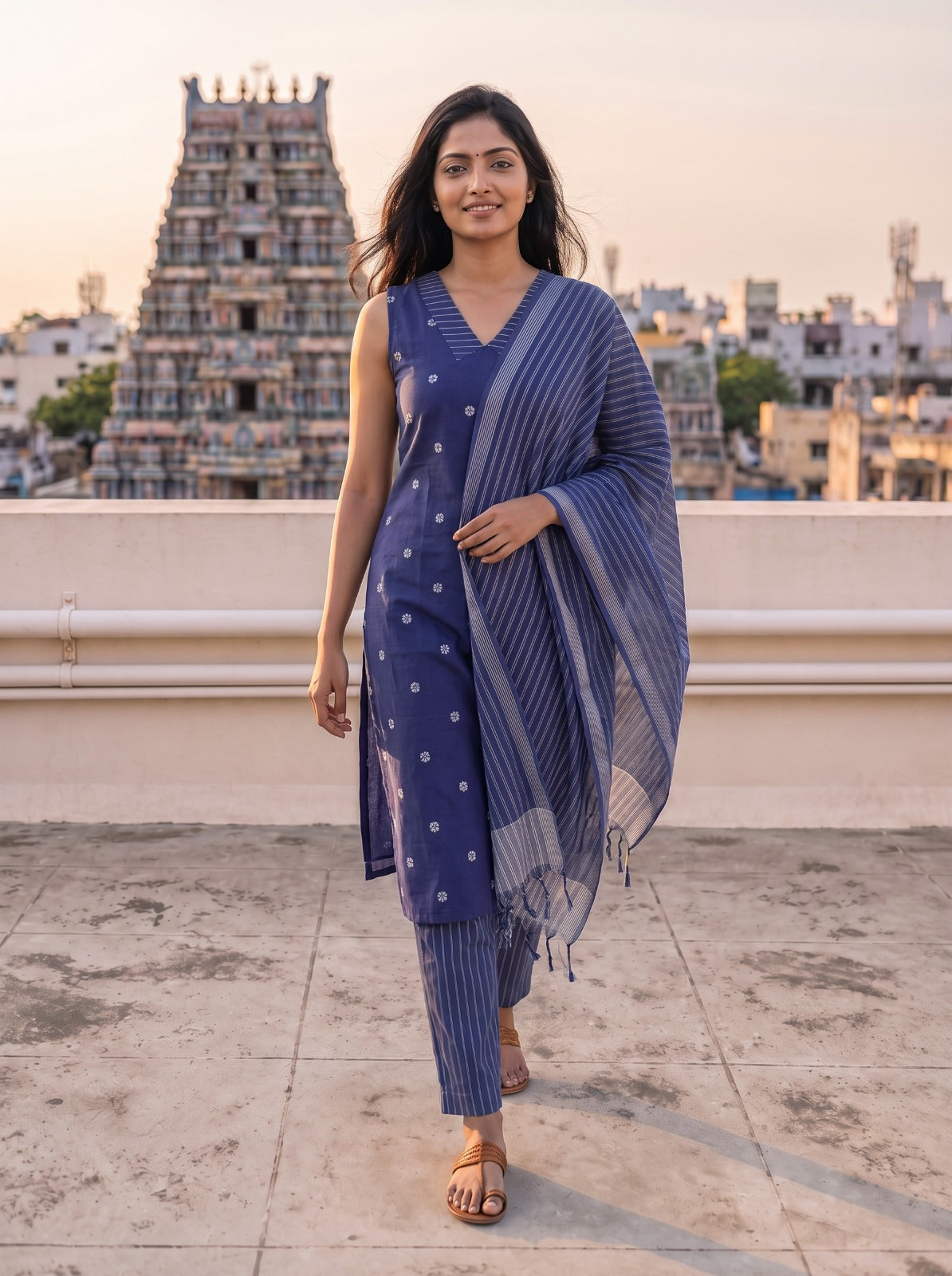 Kaveena (Violet) – Silver Butta Handloom Cotton Kurta Set with Dupatta in Royal Violet