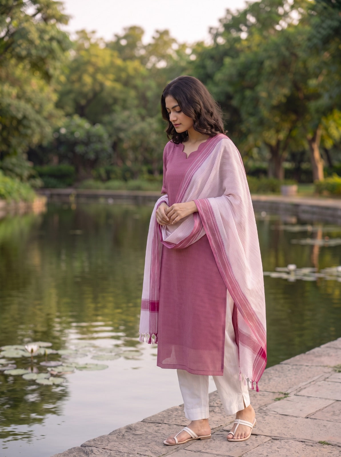 Ilaveni (Rose Pink) – Subtle Checks Handloom Cotton Kurta Set with Dupatta in Rose Pink