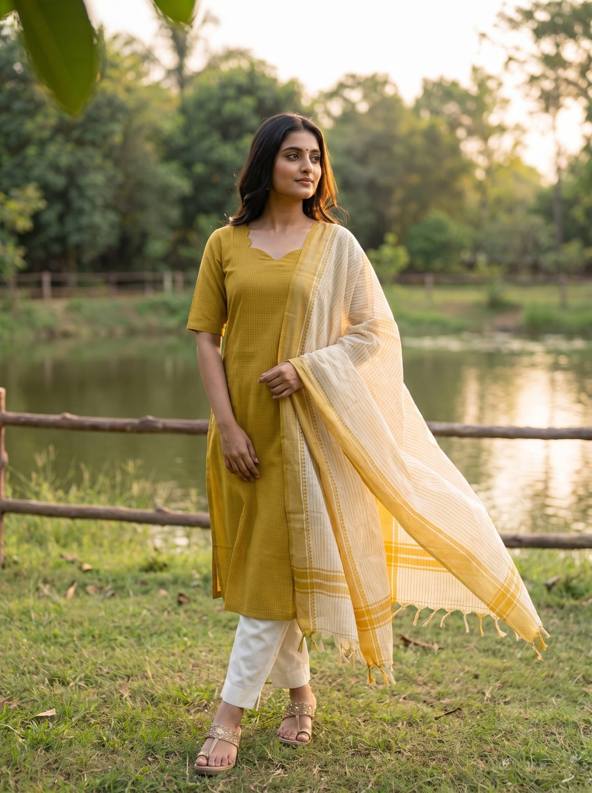 Ilaveni (Mustard Yellow) – Subtle Checks Handloom Cotton Kurta Set with Dupatta in Mustard Yellow