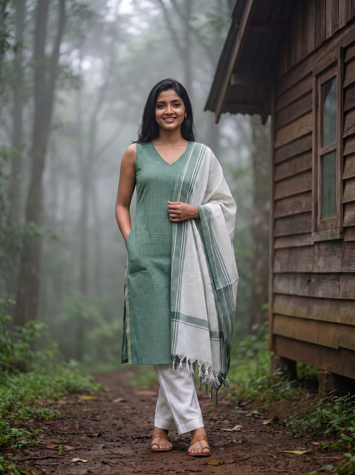 Ilaveni (Mint Green) – Subtle Checks Handloom Cotton Kurta Set with Dupatta in Mint Green
