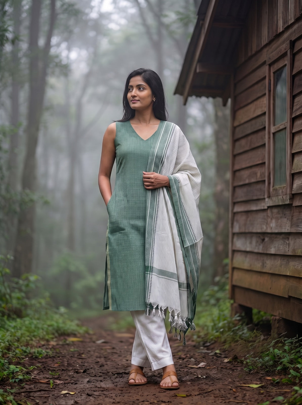Ilaveni (Mint Green) – Subtle Checks Handloom Cotton Kurta Set with Dupatta in Mint Green