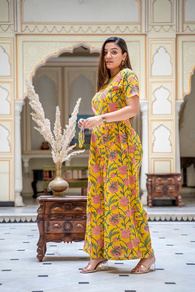 Yellow Floral Flair Jumpsuit- floral handblock printed organic cotton jumpsuit with floral belt in yellow