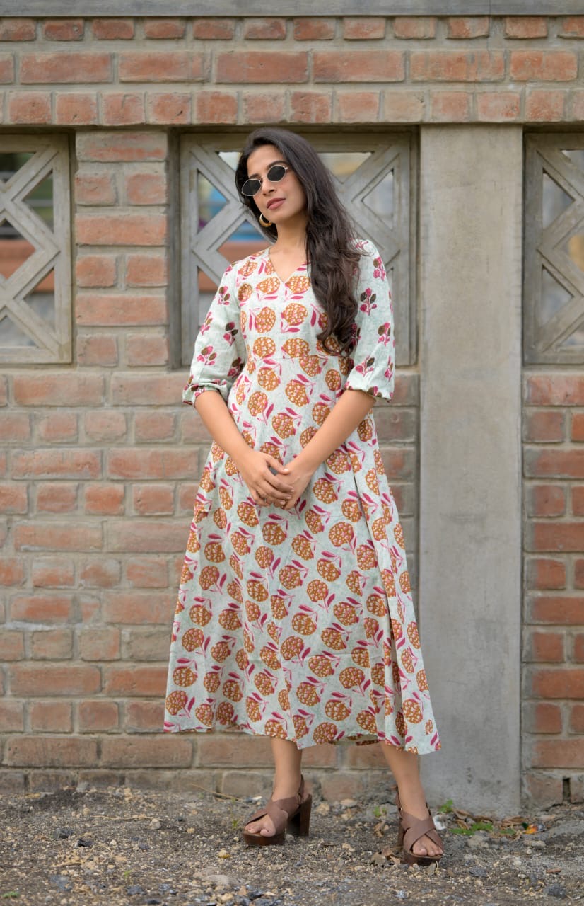 Eira - handblock printed A line cotton dress with pockets