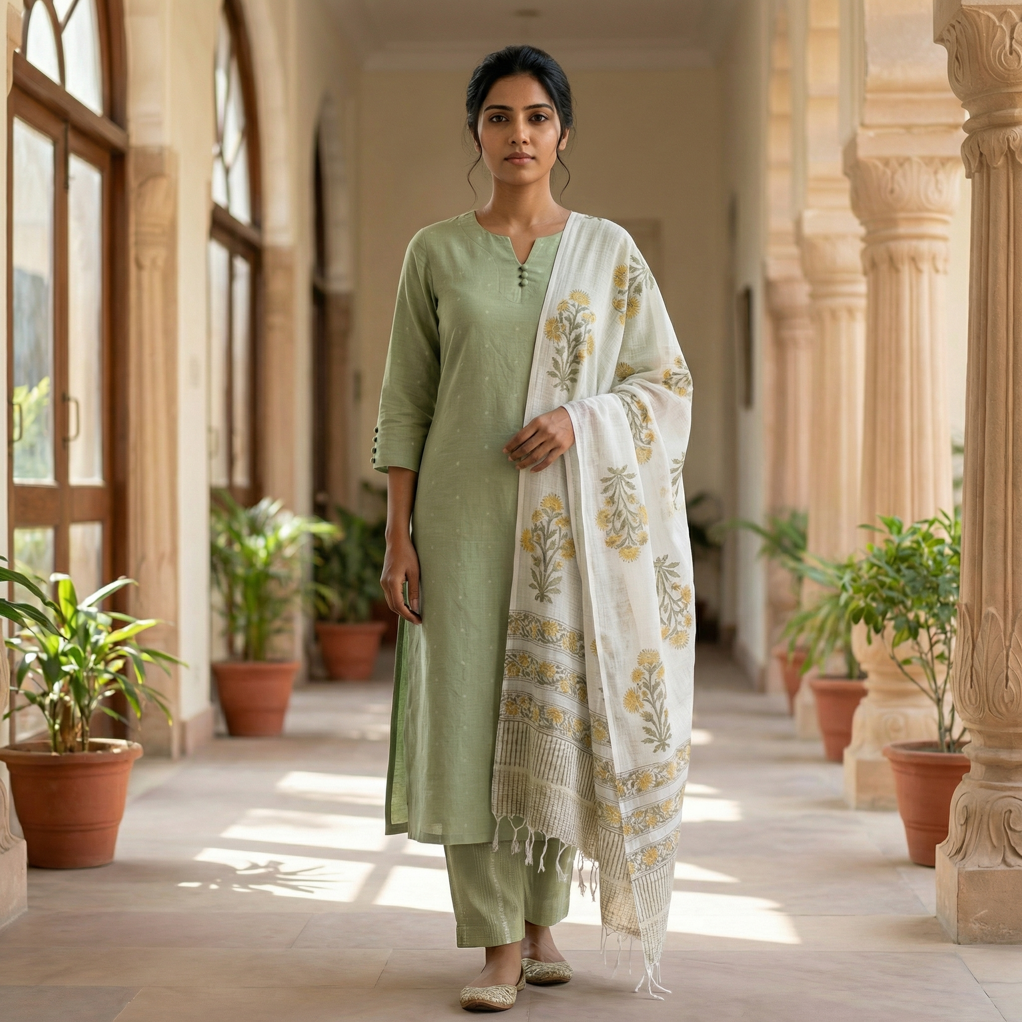 Kavisha - linen cotton flex kurta with mughal handblock printed kota doria dupatta in green