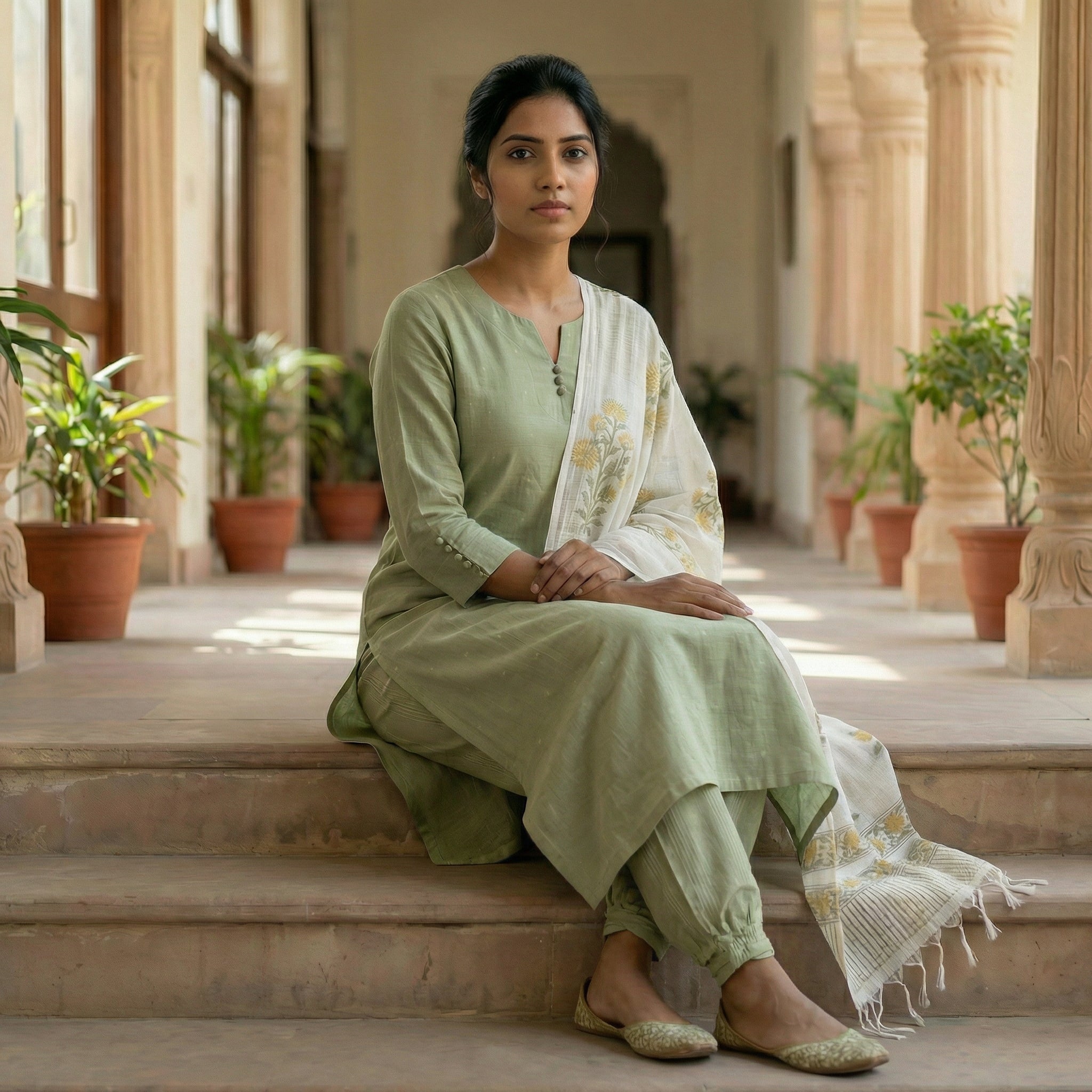 Kavisha - linen cotton flex kurta with mughal handblock printed kota doria dupatta in green