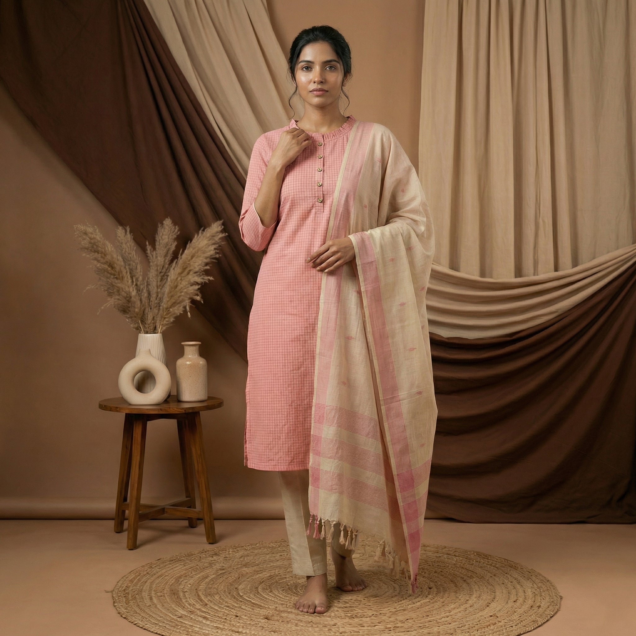 Nimisha ( pink) - checked handloom cotton suit set in pink