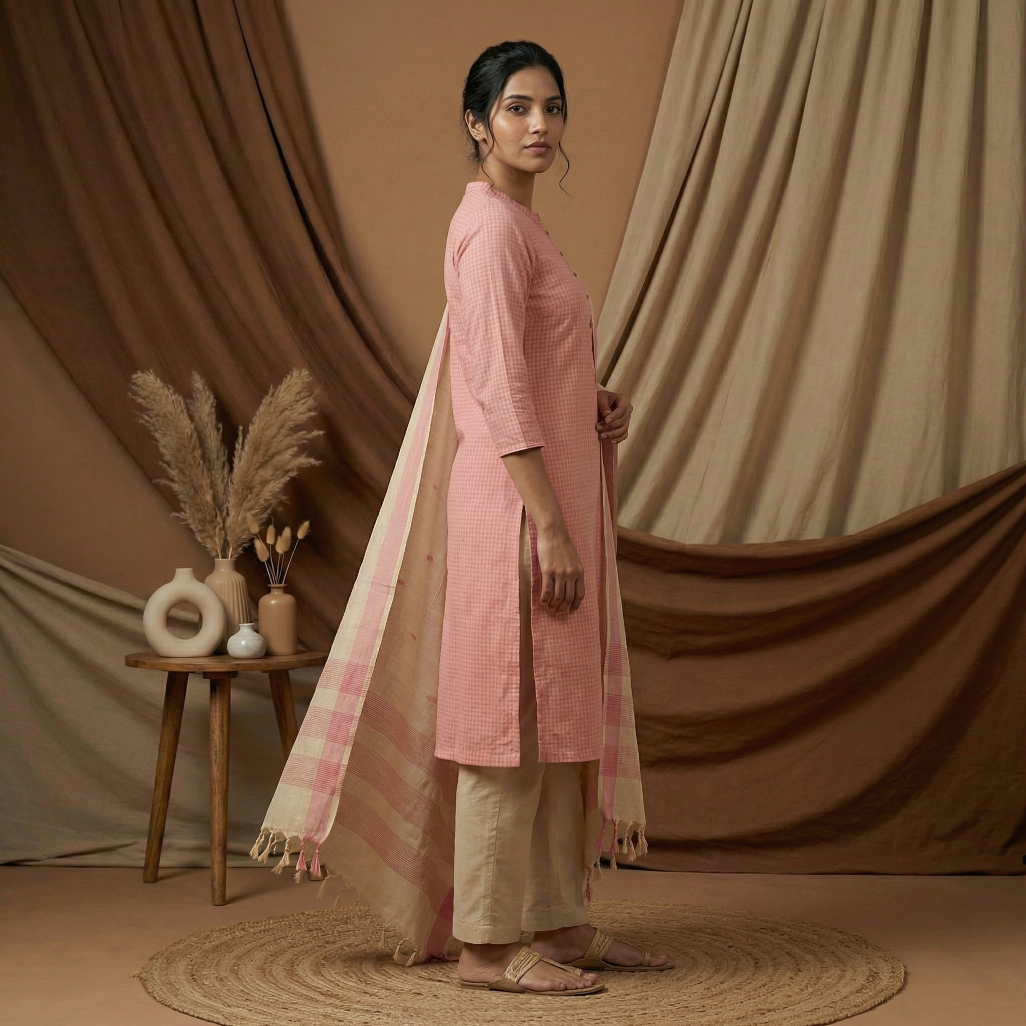 Nimisha ( pink) - checked handloom cotton suit set in pink