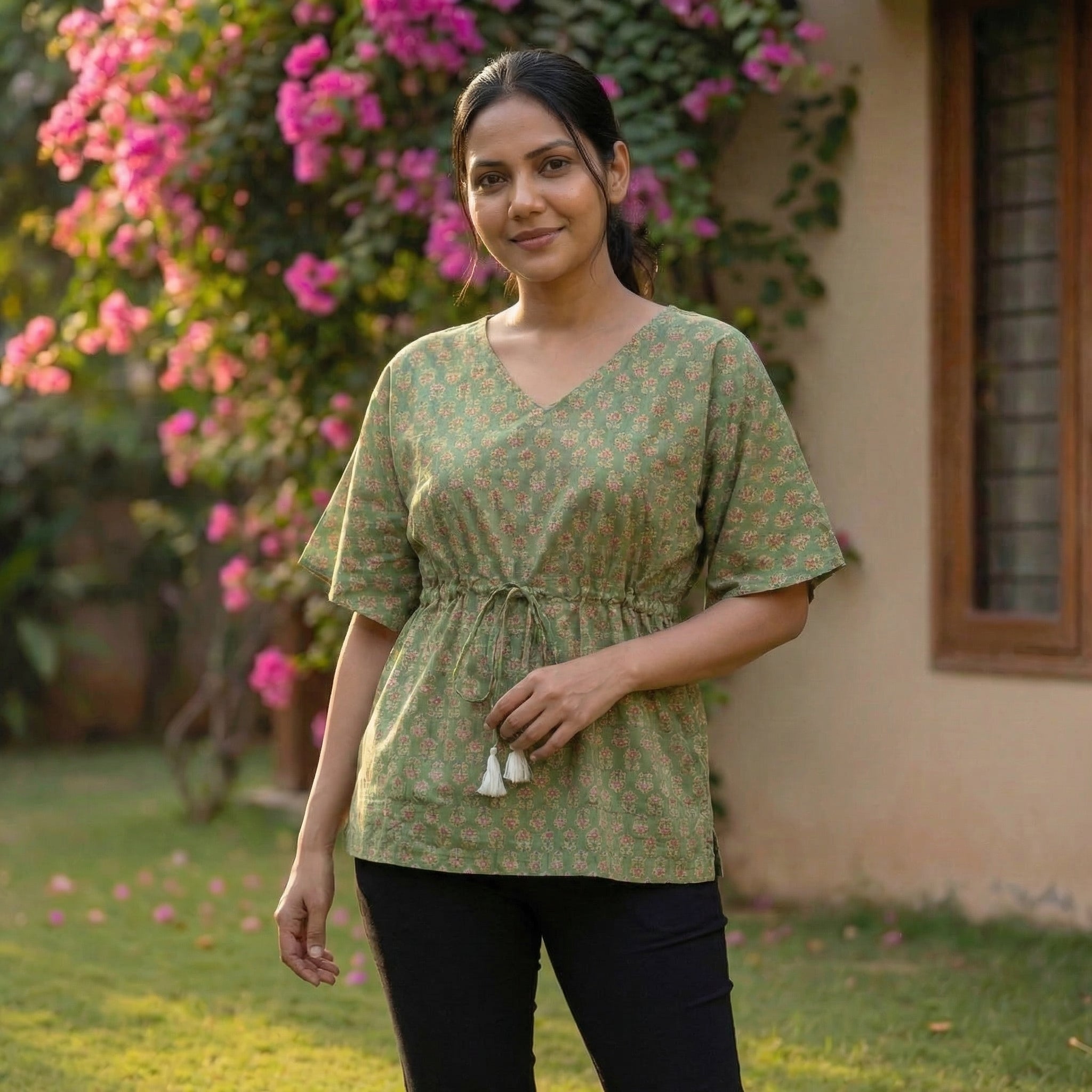 Kaftan Top #88 - Floral printed Organic cotton kaftan top in Olive Green