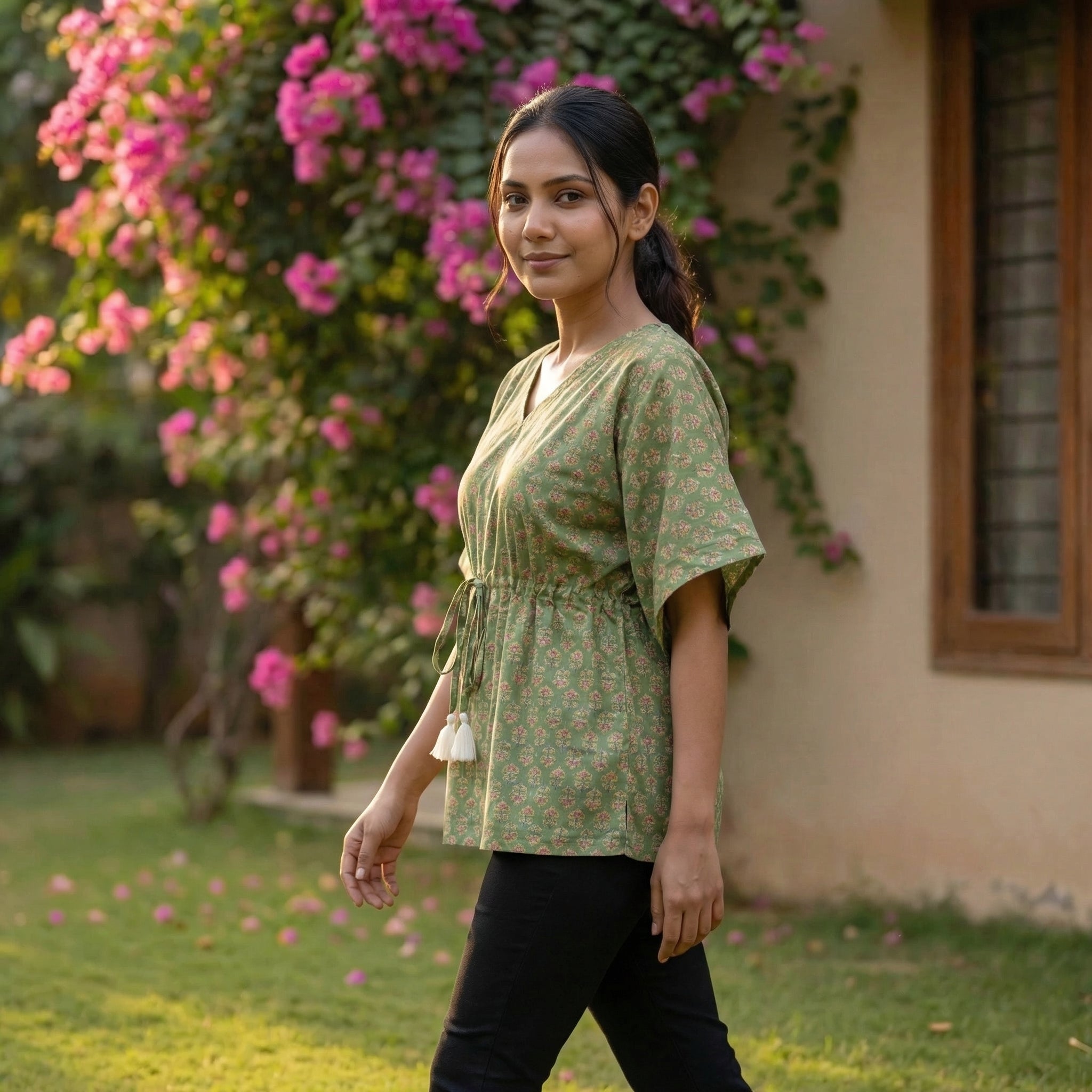 Kaftan Top #88 - Floral printed Organic cotton kaftan top in Olive Green