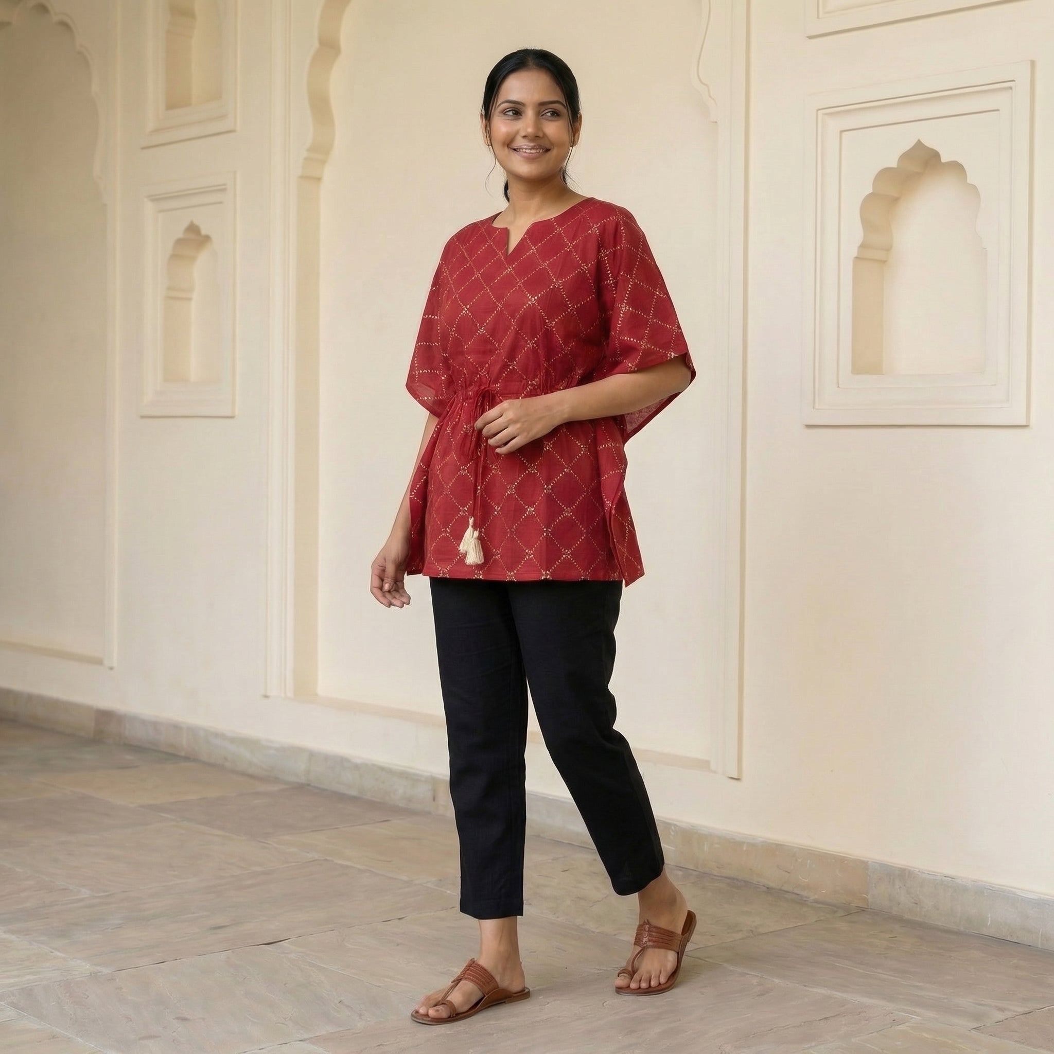 Kaftan Top #90 - Diamond pattern Organic cotton kaftan top in Maroon