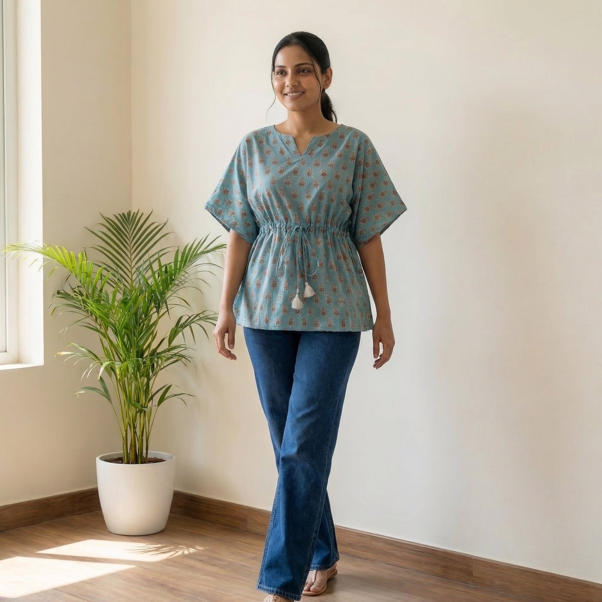 Kaftan Top #91 - Floral motiff Organic cotton kaftan top in Aqua blue