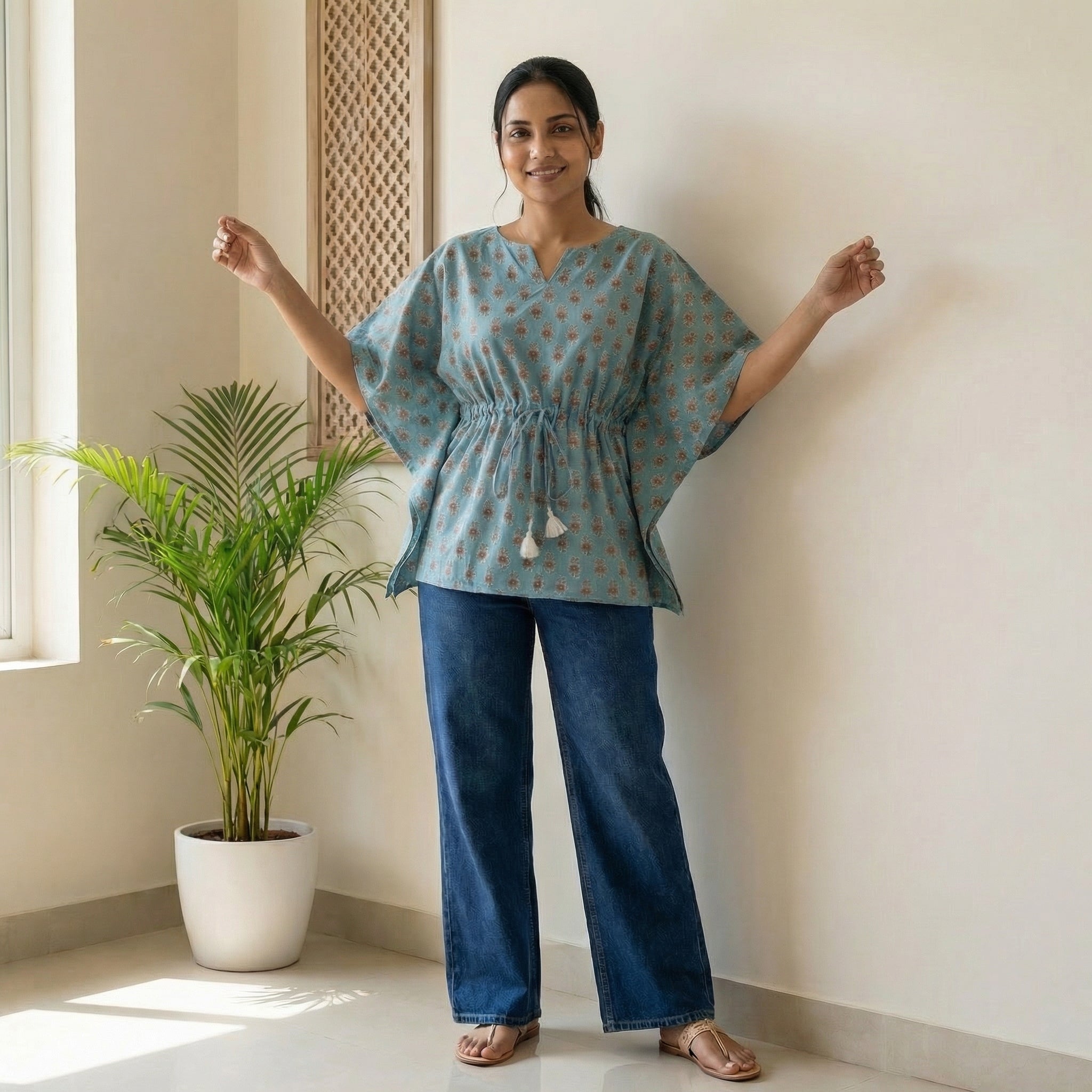 Kaftan Top #91 - Floral motiff Organic cotton kaftan top in Aqua blue
