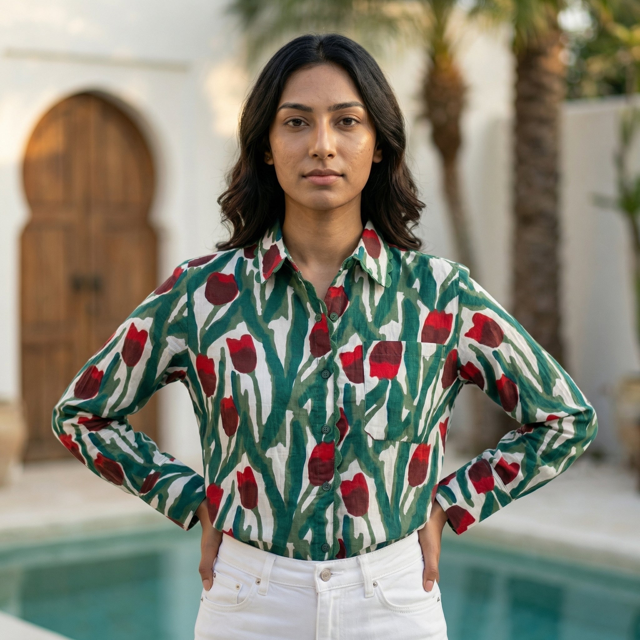 Women's shirt 39- Tulip printed organic cotton shirt in dark green