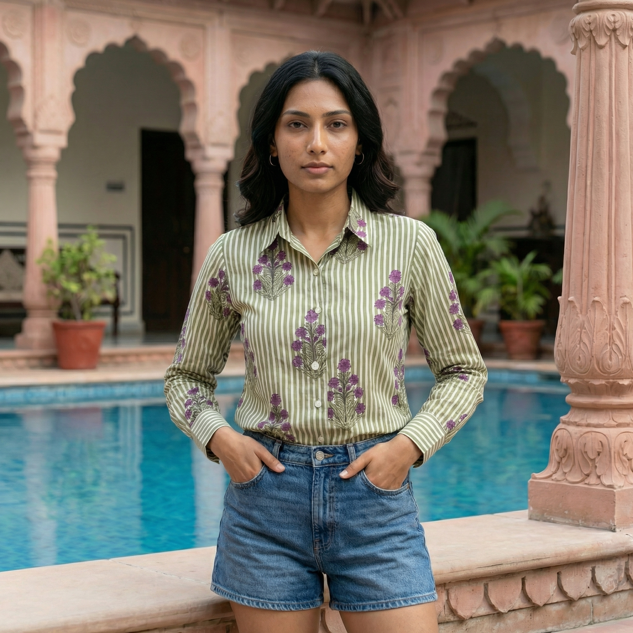 Women's shirt 35- Floral printed organic cotton shirt in green