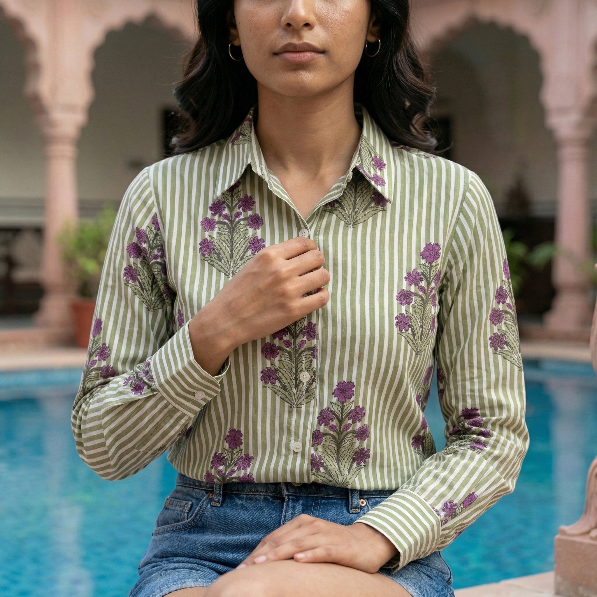 Women's shirt 35- Floral printed organic cotton shirt in green