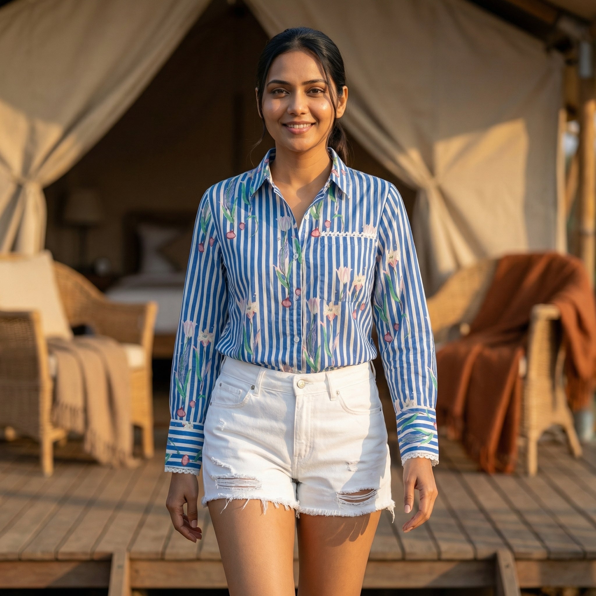 Women's shirt 34- Floral printed organic cotton shirt in blue