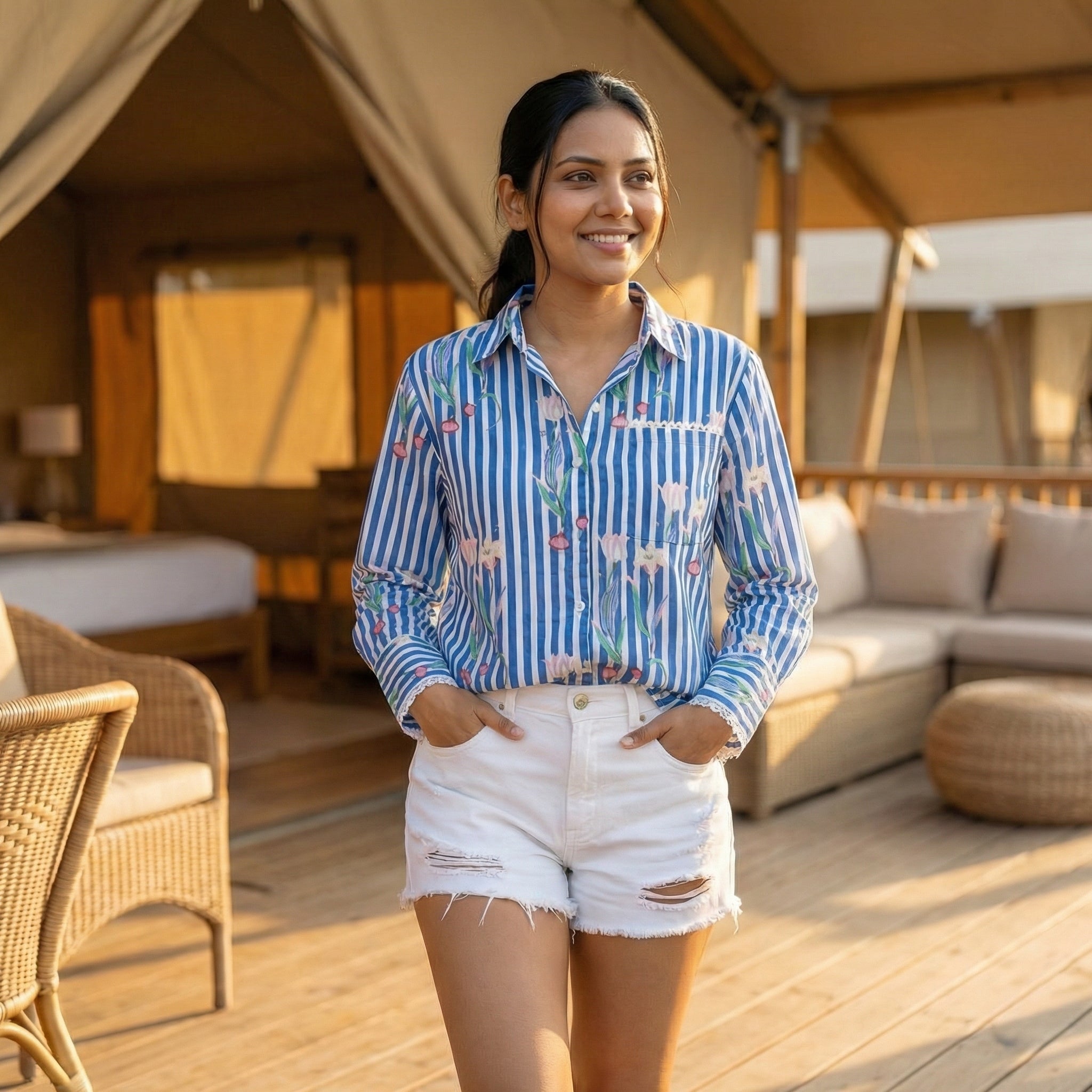 Women's shirt 34- Floral printed organic cotton shirt in blue