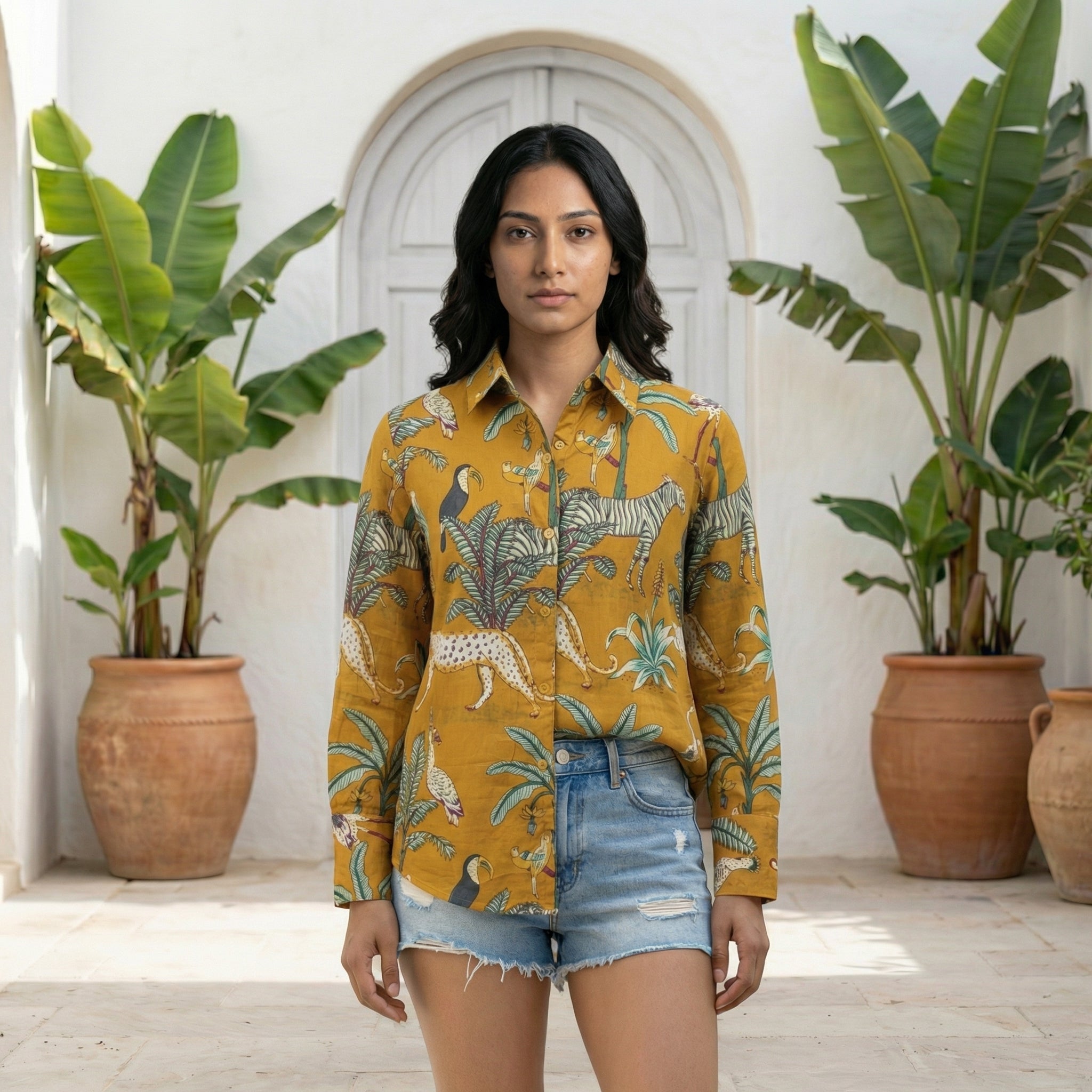 Women's shirt 36- Jungle printed organic cotton shirt in mustard yellow