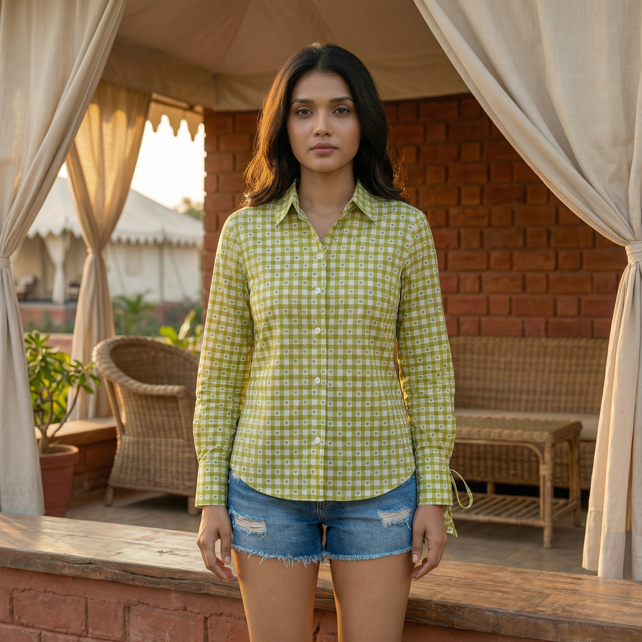 Women's shirt 40- check printed organic cotton shirt in lime green