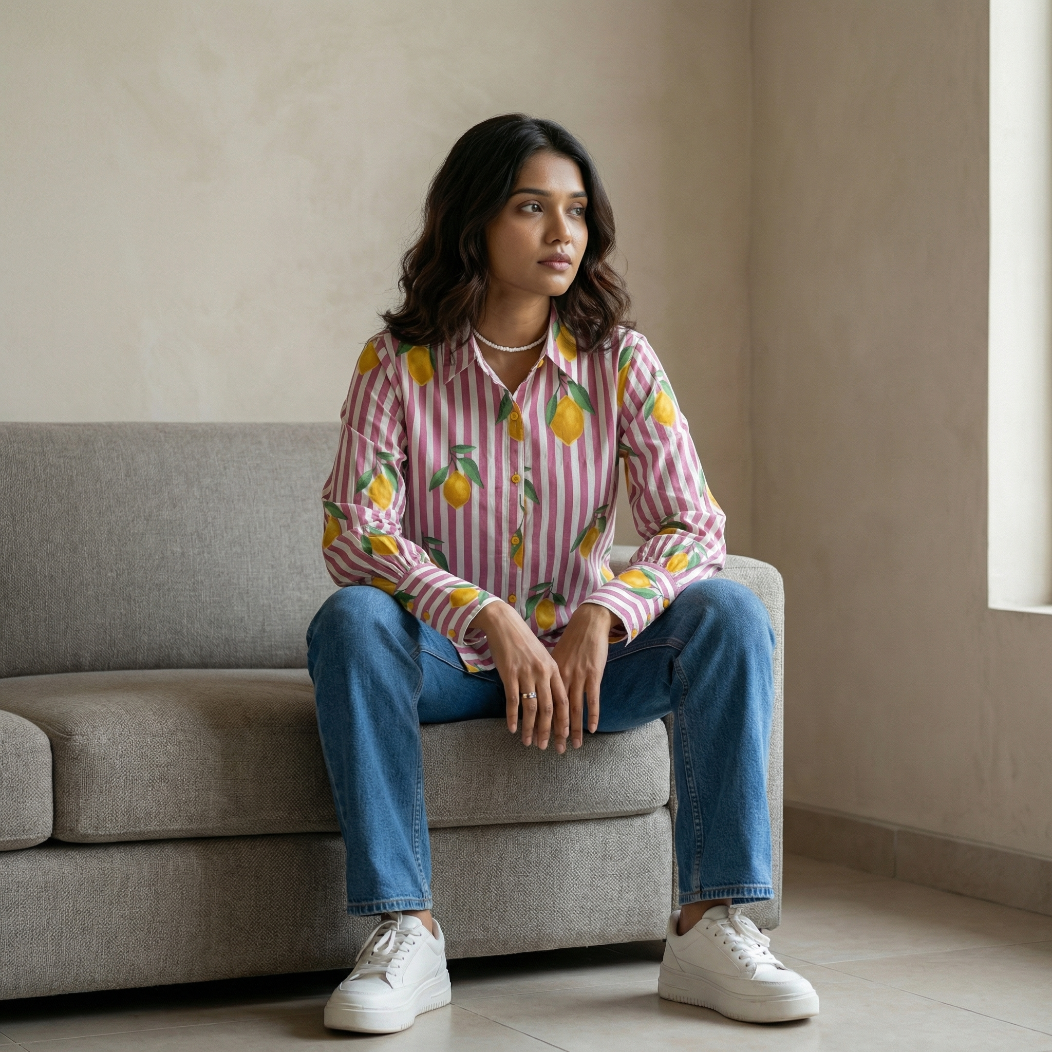 Women's shirt 41- Lemon printed organic cotton shirt in pink
