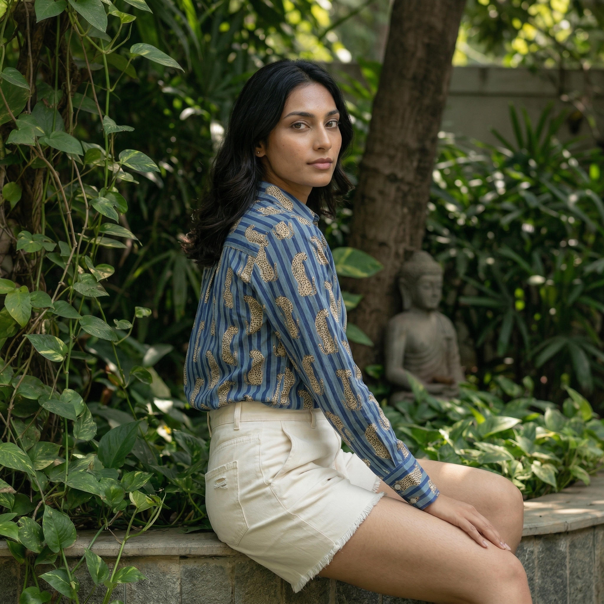 Women's shirt 32-Tiger printed organic cotton shirt in blue