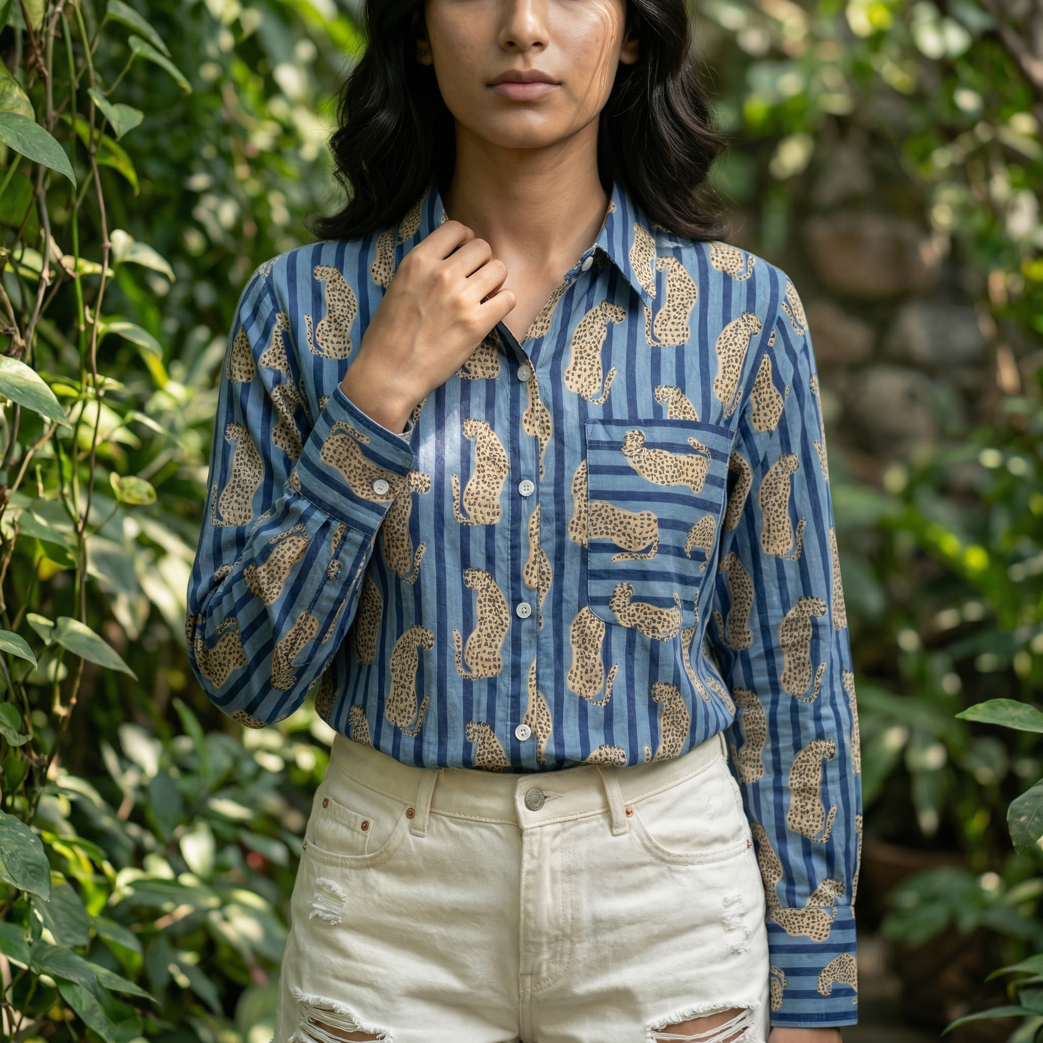 Women's shirt 32-Tiger printed organic cotton shirt in blue