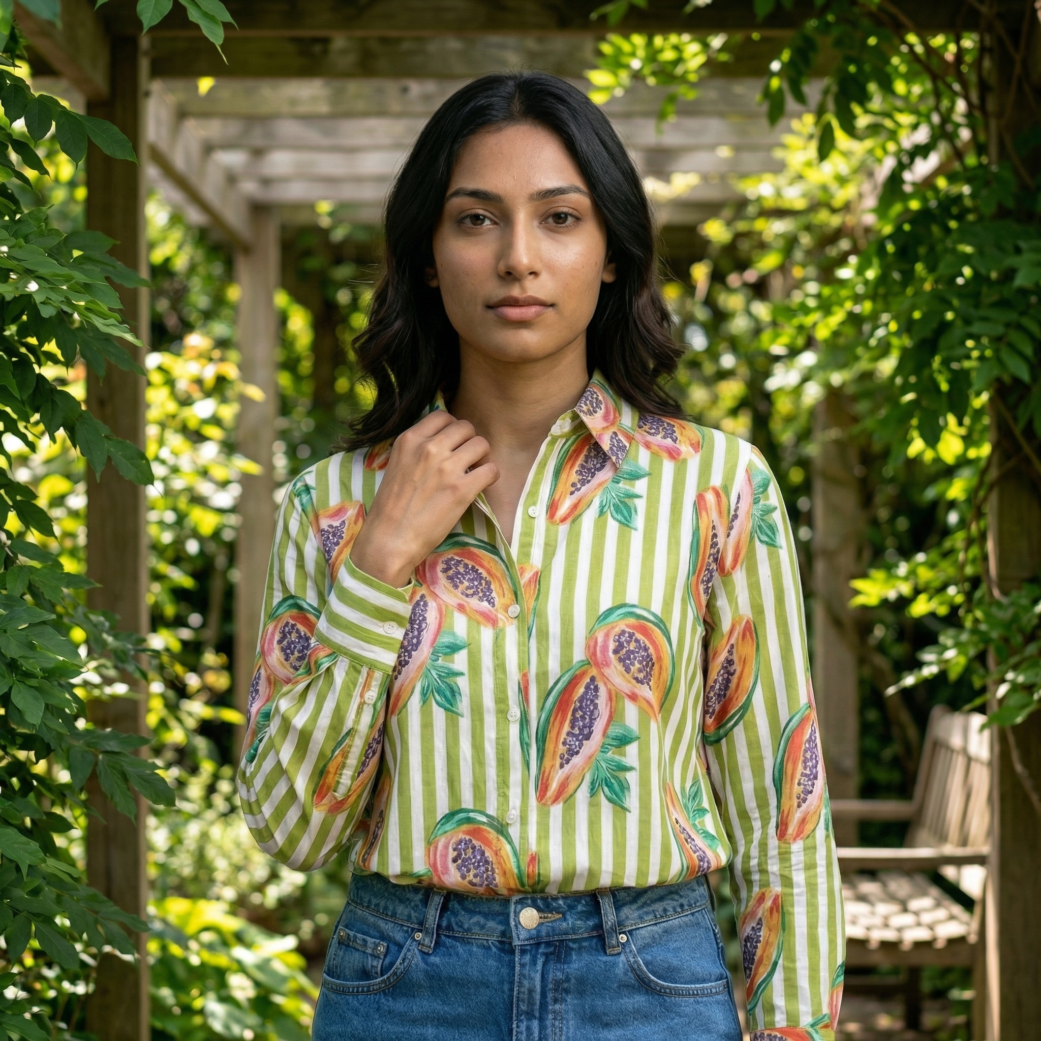 Women's shirt 33- Papaya printed organic cotton shirt in green