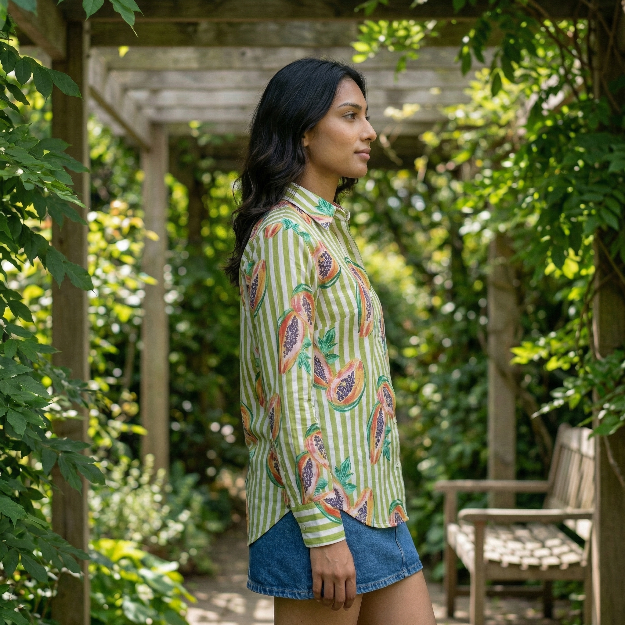 Women's shirt 33- Papaya printed organic cotton shirt in green
