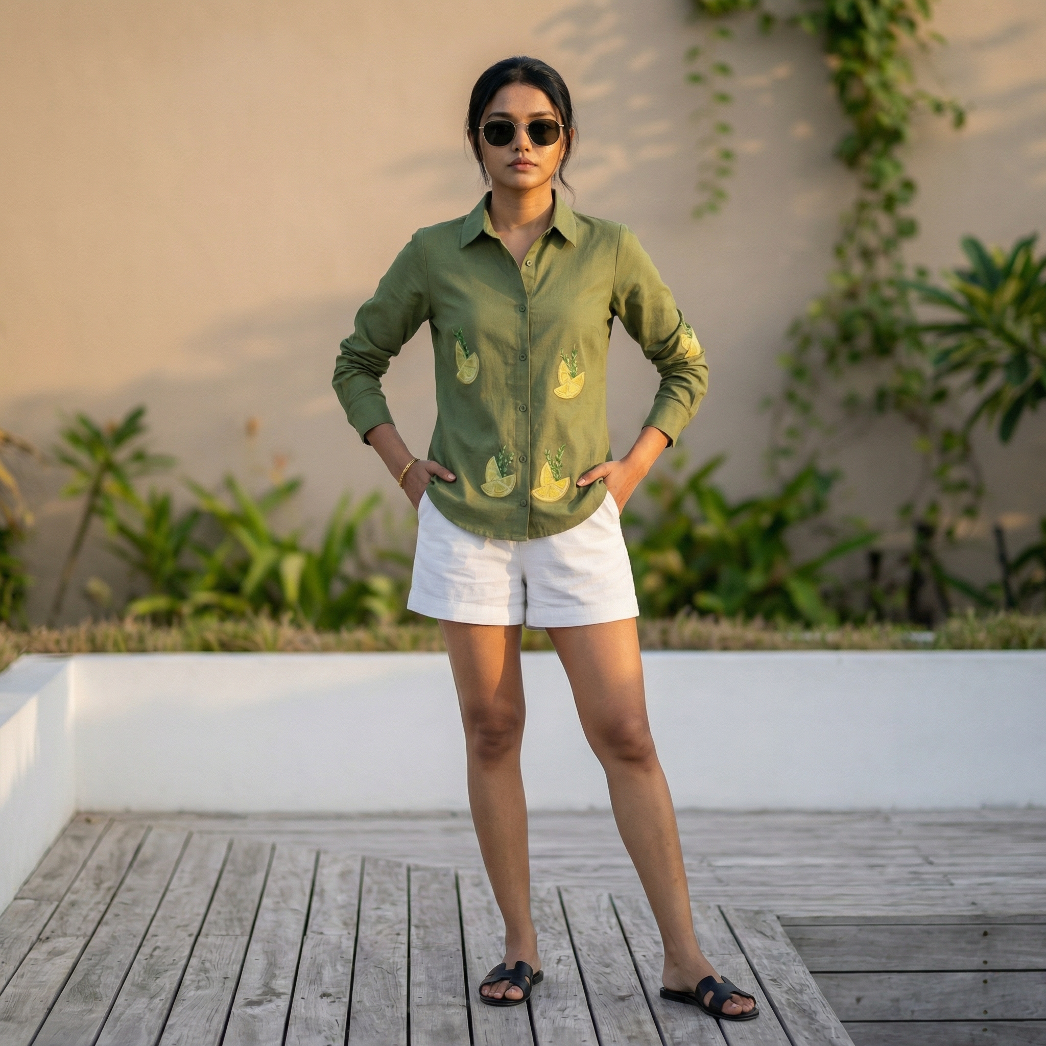 Embroidery shirt 12- Lemon and Rosemary hand painted organic cotton shirt in Olive green