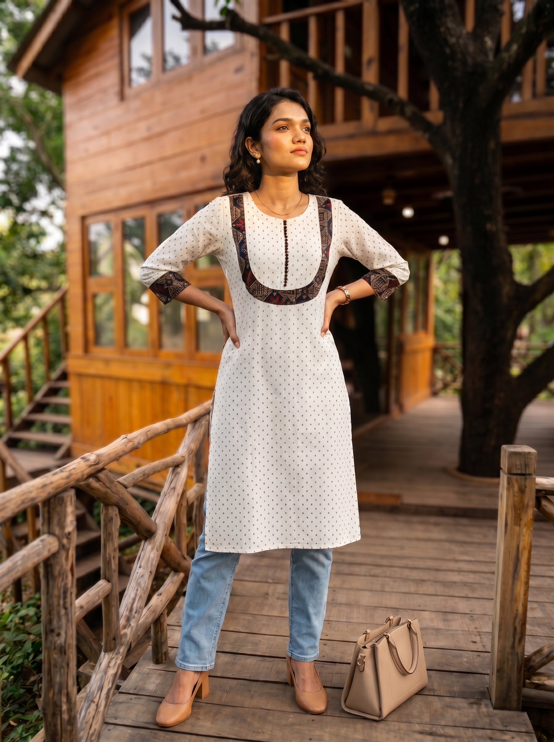 Pattern kurti 48- Handloom cotton kurti in white & black