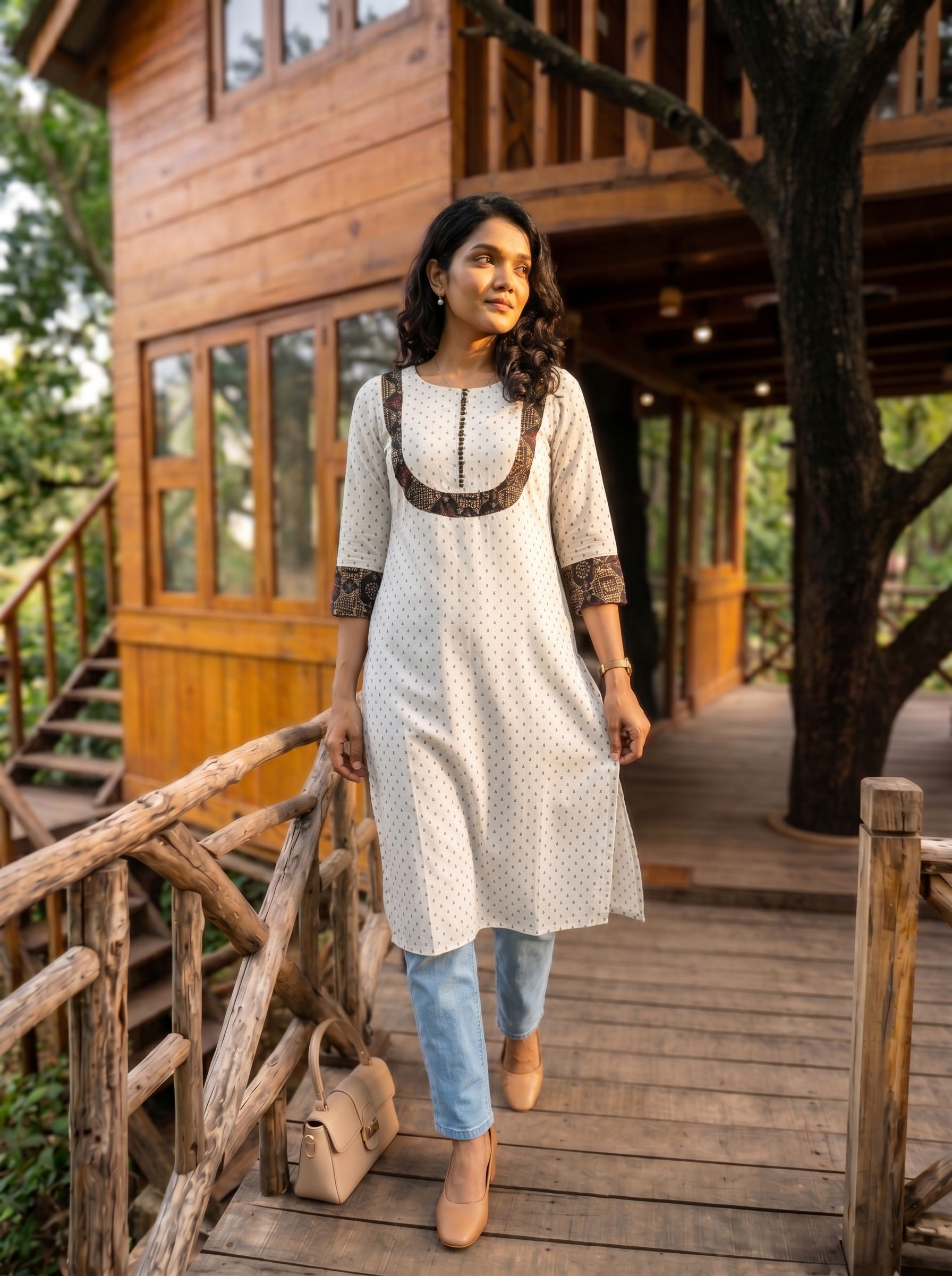 Pattern kurti 48- Handloom cotton kurti in white & black