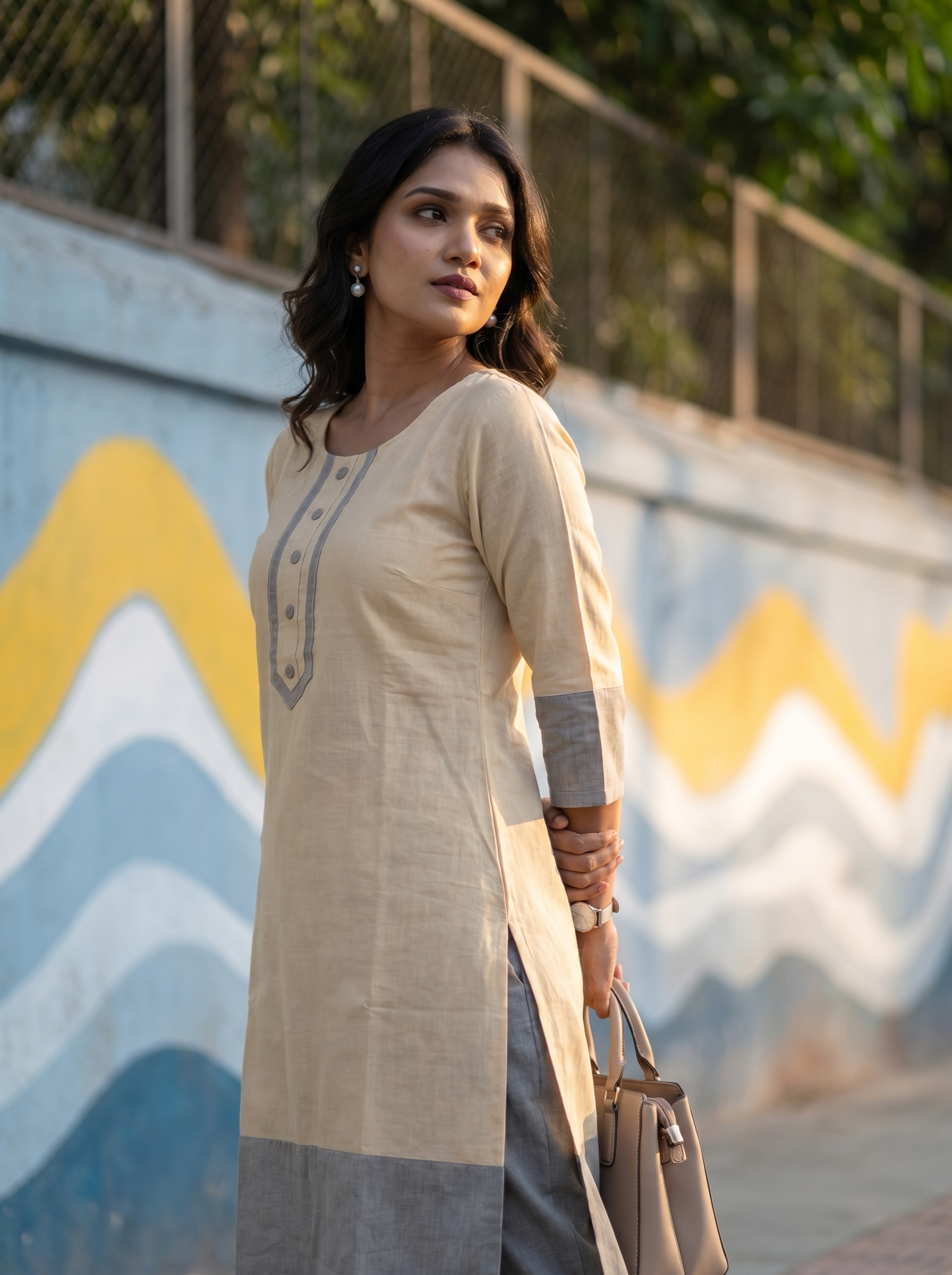 Pattern kurti 55- Handloom cotton kurti in pale yellow